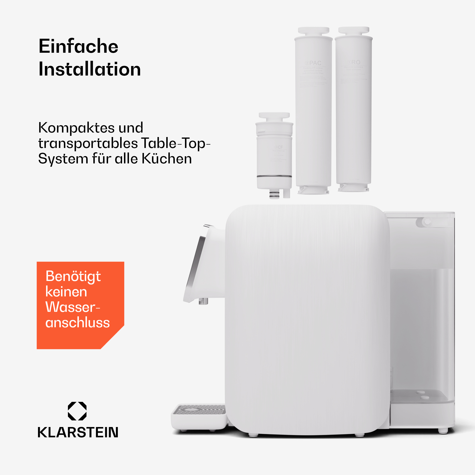 Weißes Wasserfiltersystem mit Filterpatronen, Text 'Einfache Installation' und Logo.