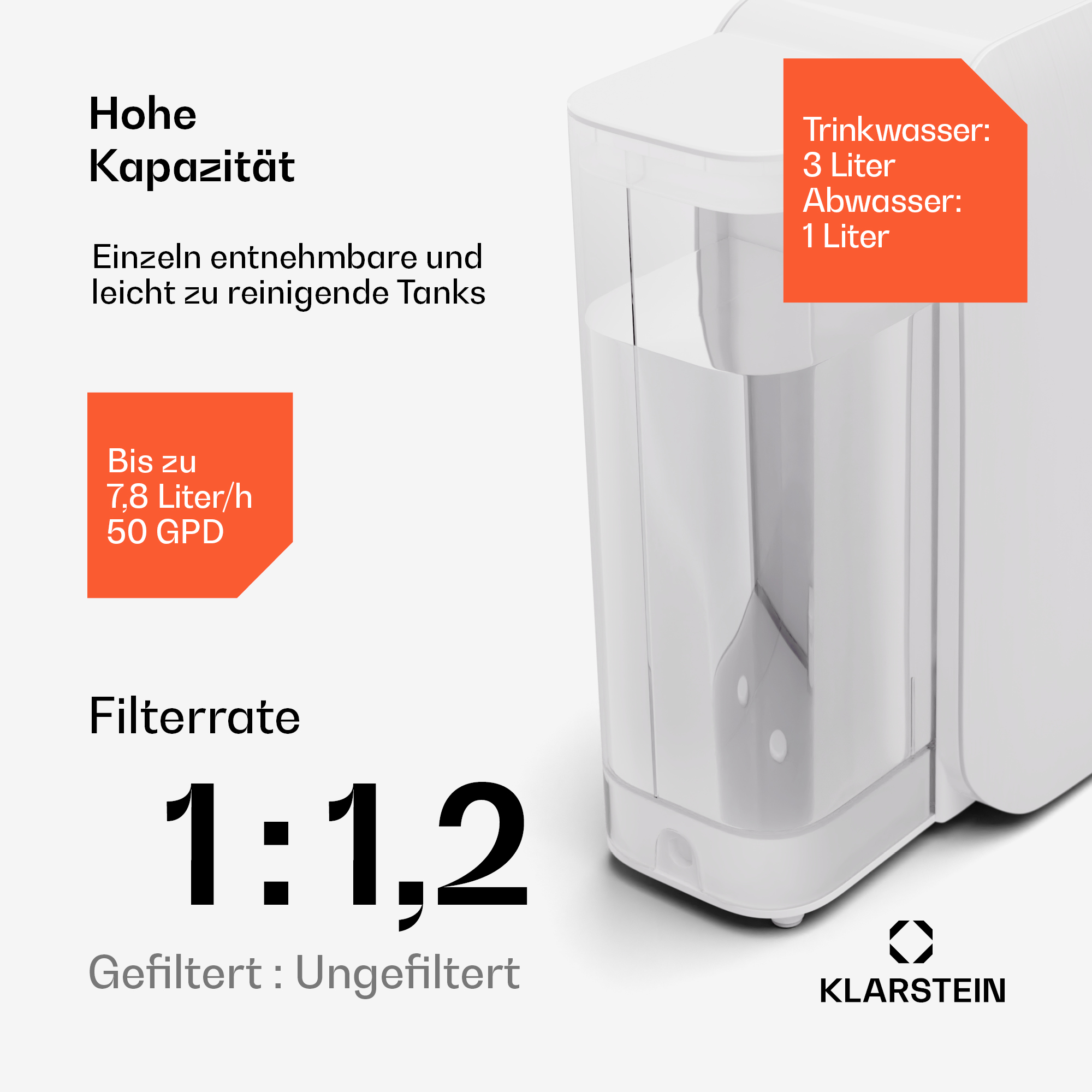 Weißer Wasserfilter mit Text: Hohe Kapazität, Trinkwasser: 3 Liter, Abwasser: 1 Liter.