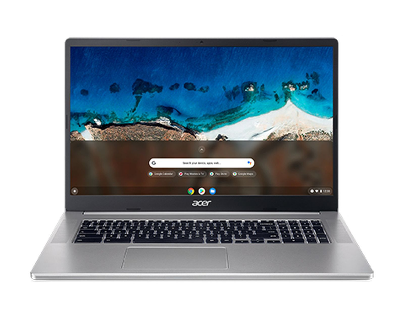 Un laptop argentato con uno schermo luminoso che mostra una barra di ricerca.