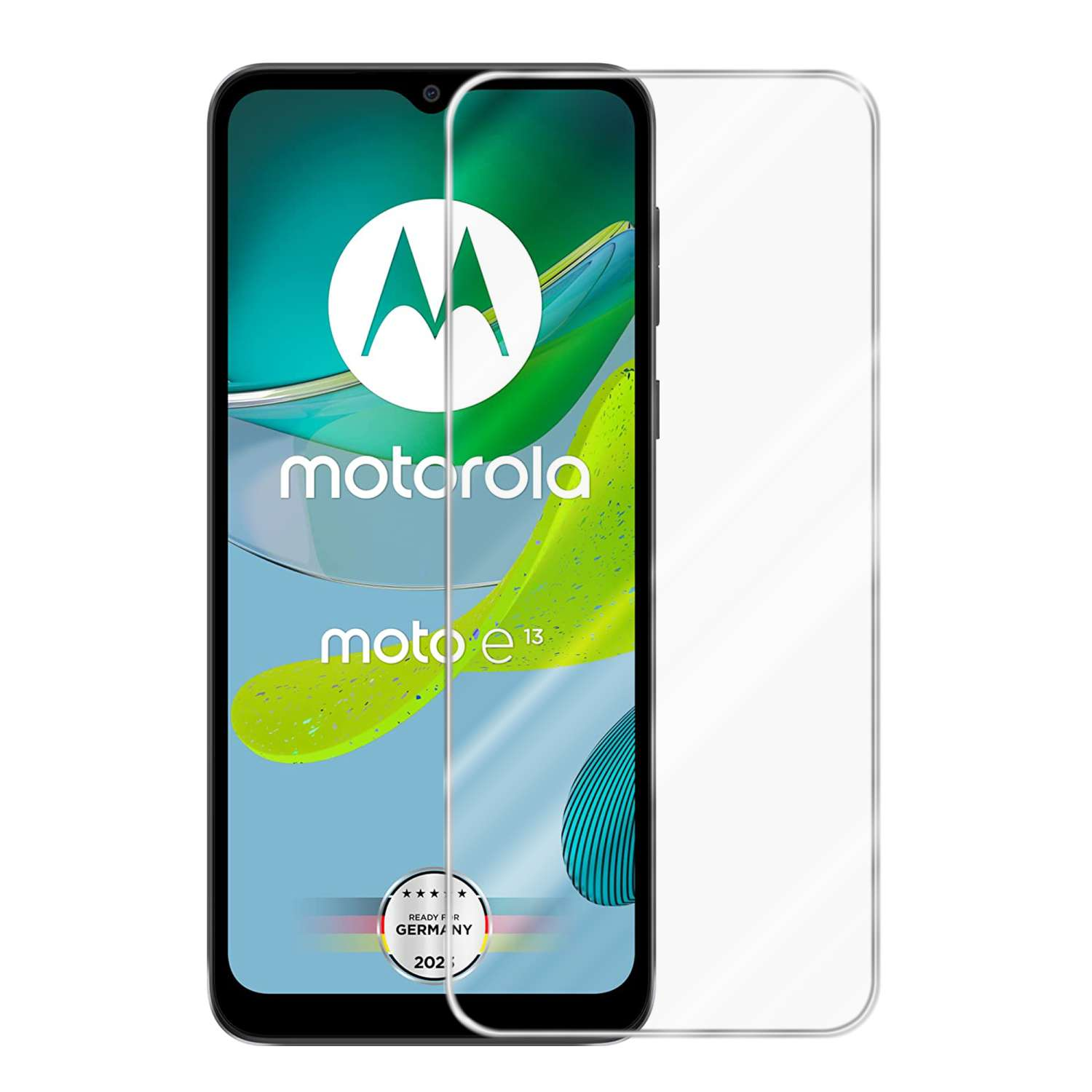 Telefono con protezione schermo. Lo schermo mostra un logo, il testo 'moto e13' e altro.
