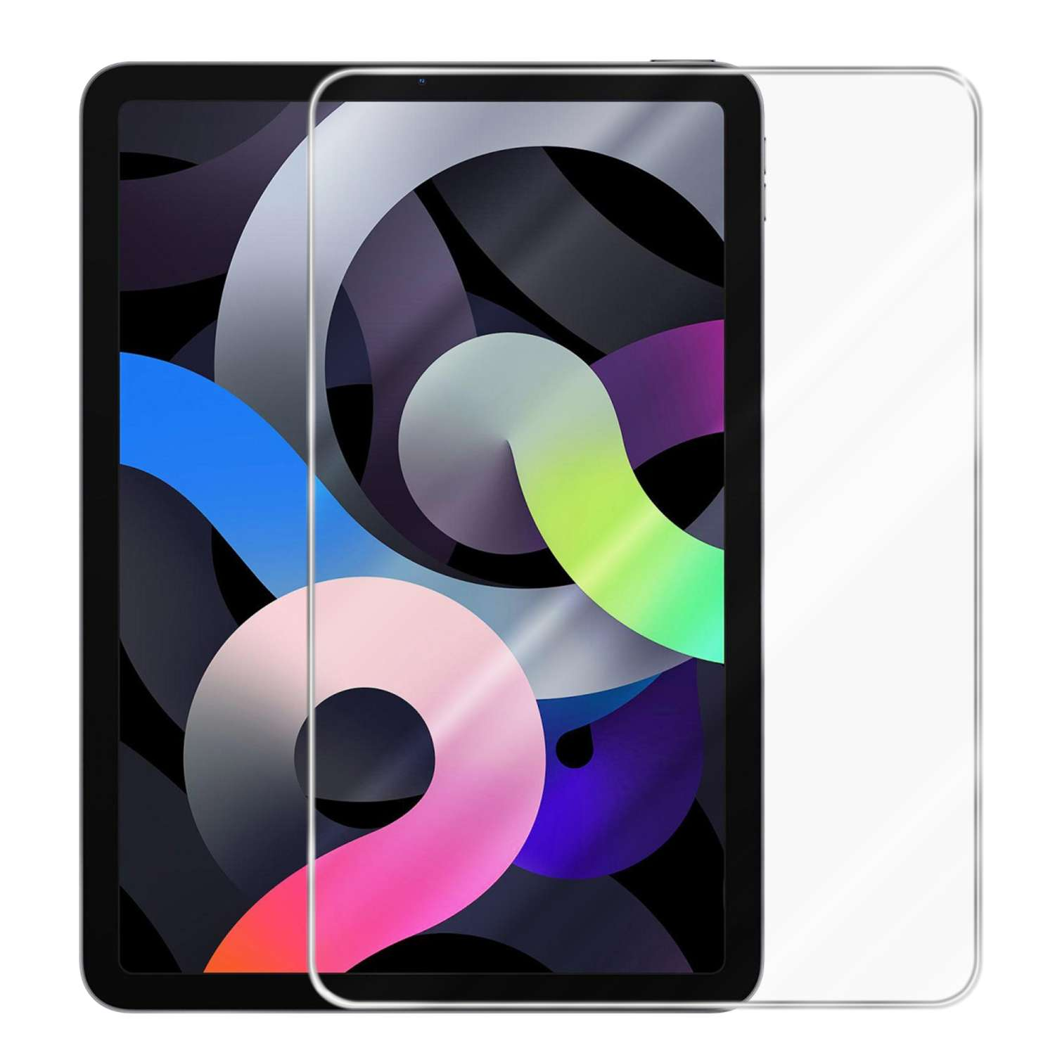 Tablet nero con protezione schermo trasparente applicata. Lo schermo mostra arte astratta colorata.