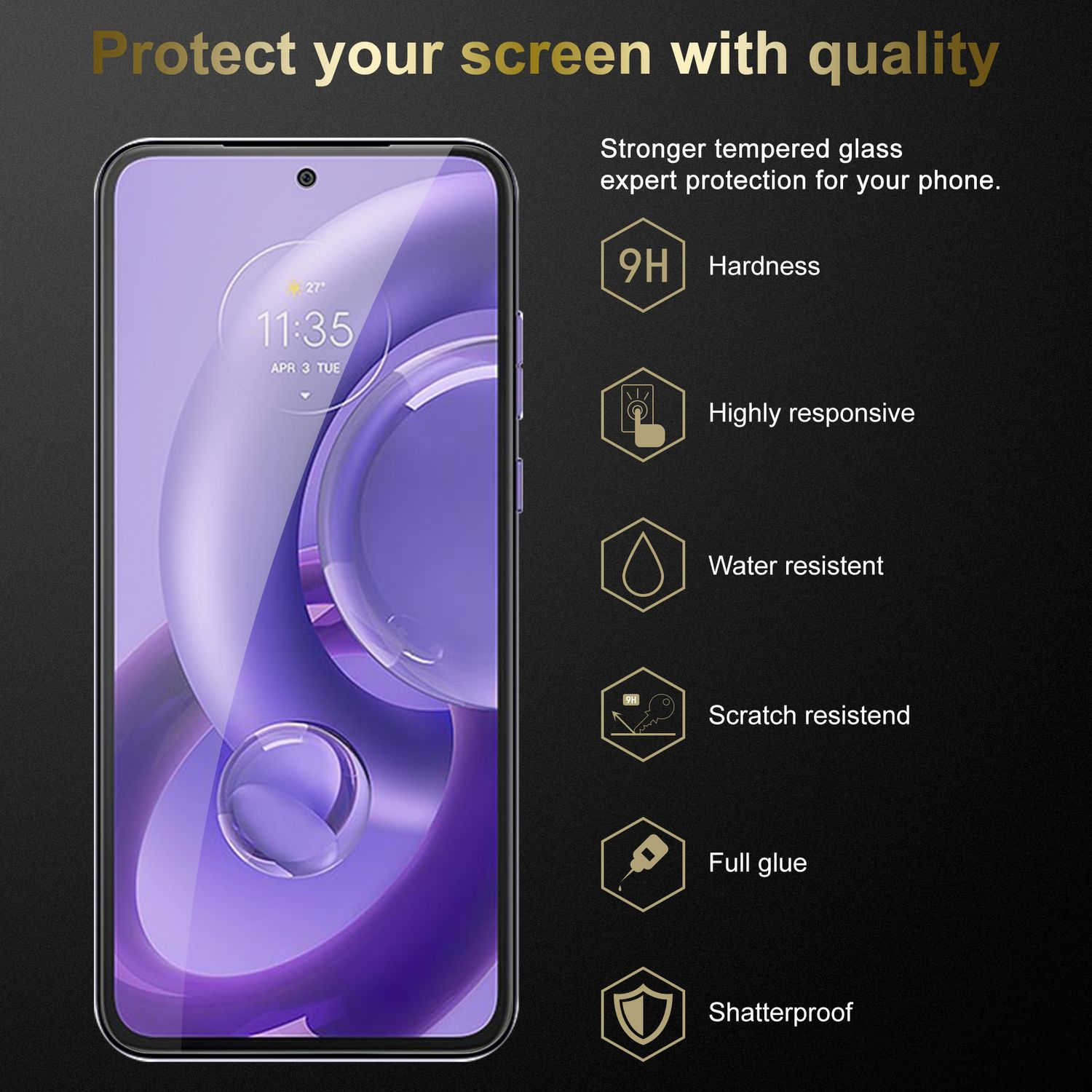 Uno schermo del telefono con una protezione. Il testo evidenzia le qualità della protezione.
