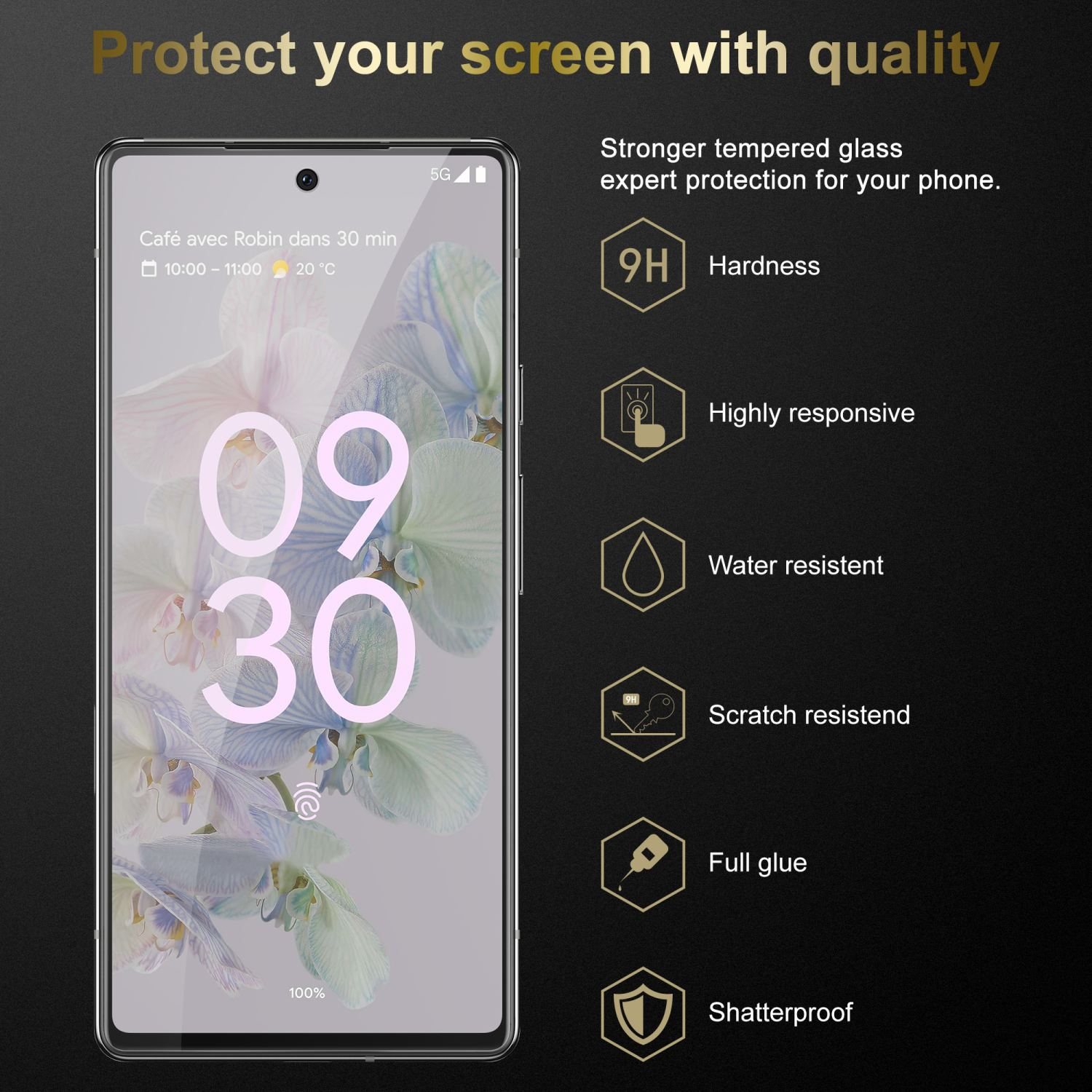 Pellicola protettiva per schermo di smartphone su sfondo nero con testo e icone.