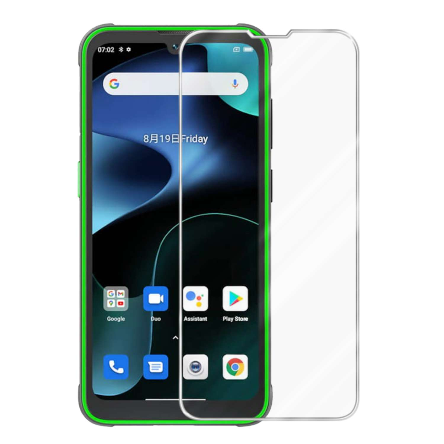 Telefono verde con protezione schermo. Lo schermo è acceso e mostra un'app.