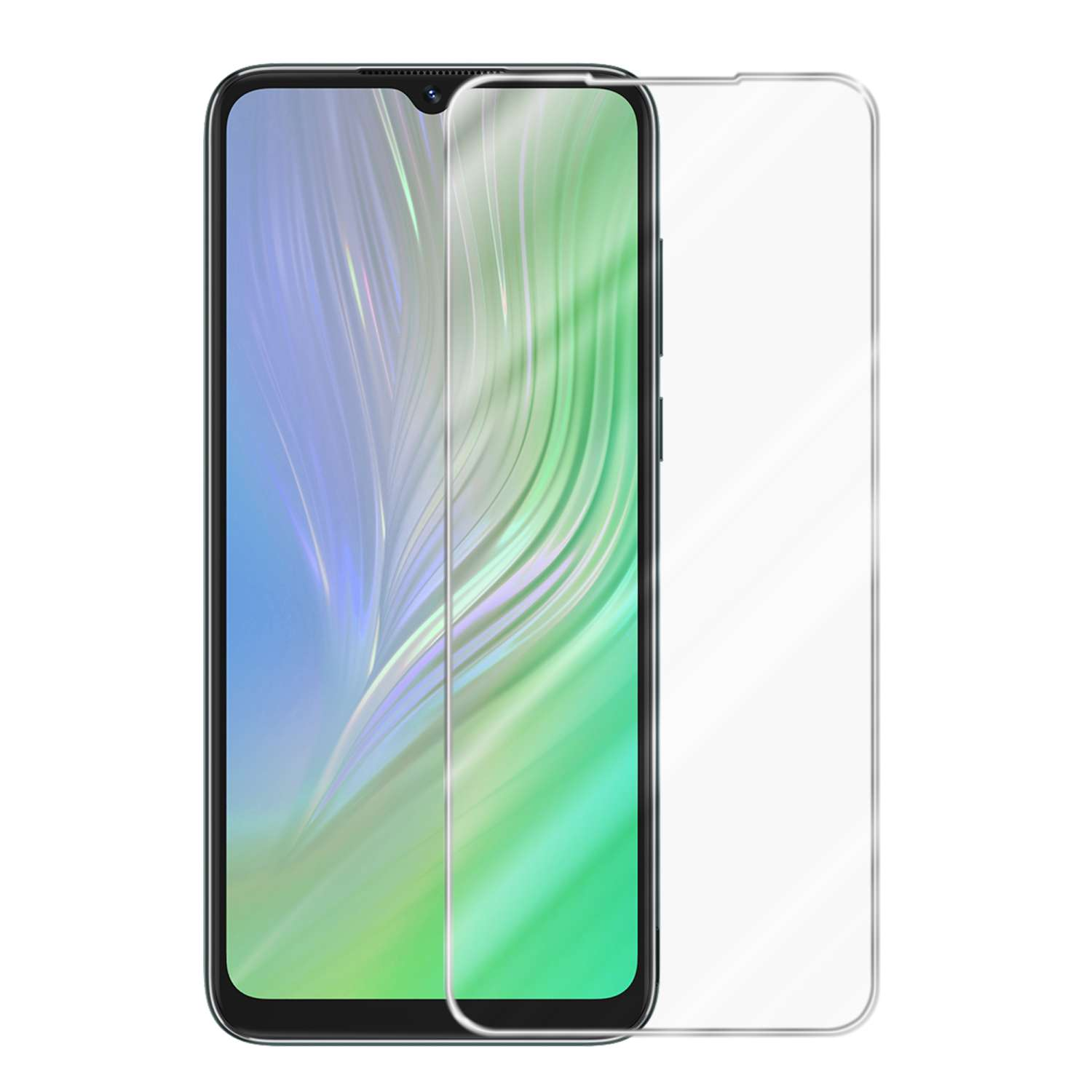 Uno schermo del telefono con una protezione applicata, su una superficie bianca.
