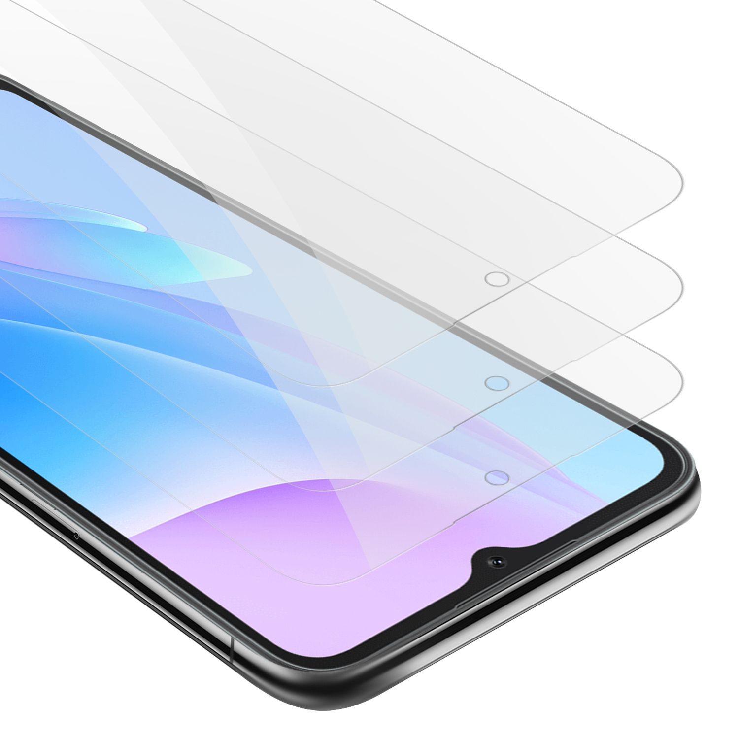 Tre protezioni schermo trasparenti sono posizionate sopra uno schermo di smartphone, vista ravvicinata.