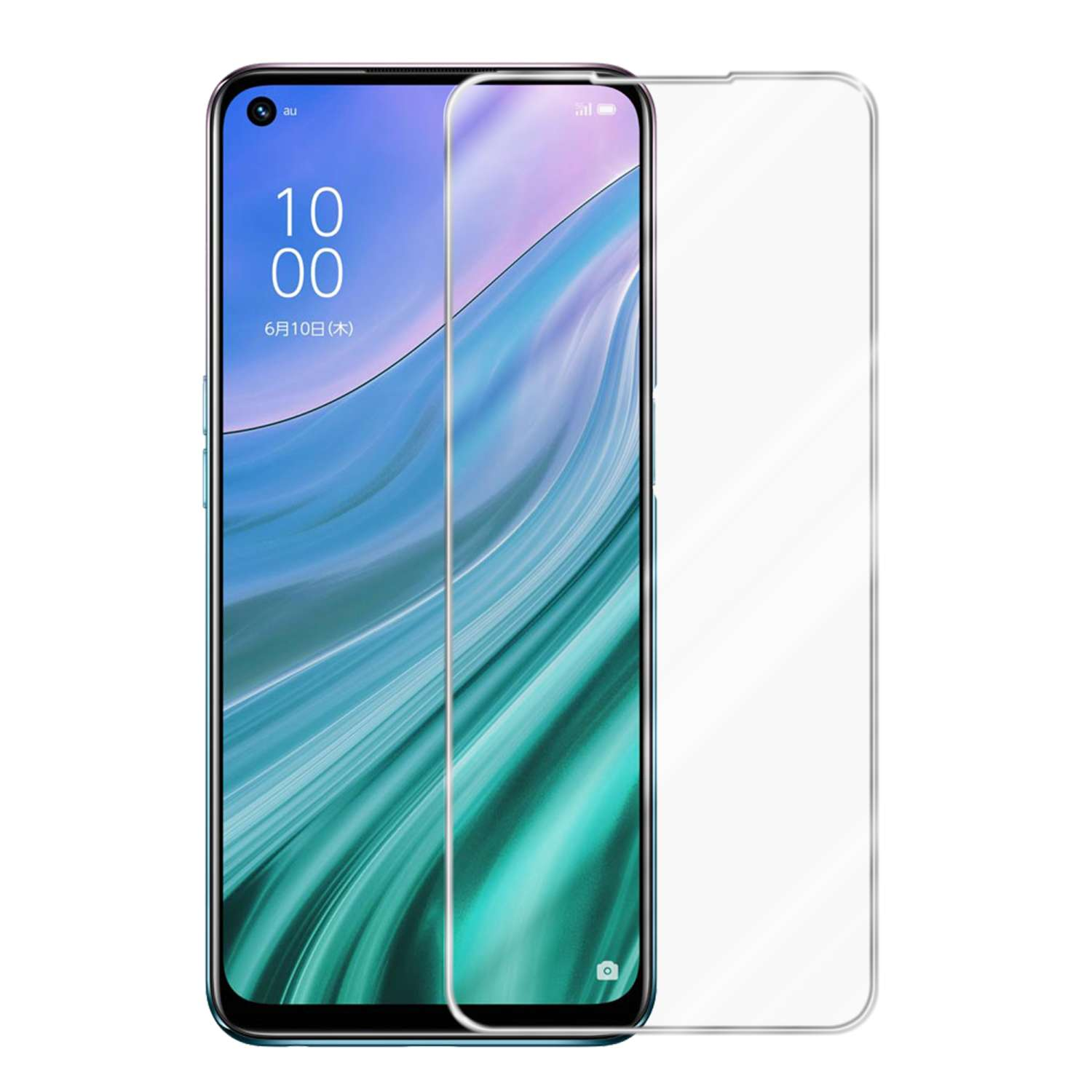 Uno schermo del telefono con l'ora e la data, protetto da una protezione schermo. Uno strato protettivo trasparente è visibile.
