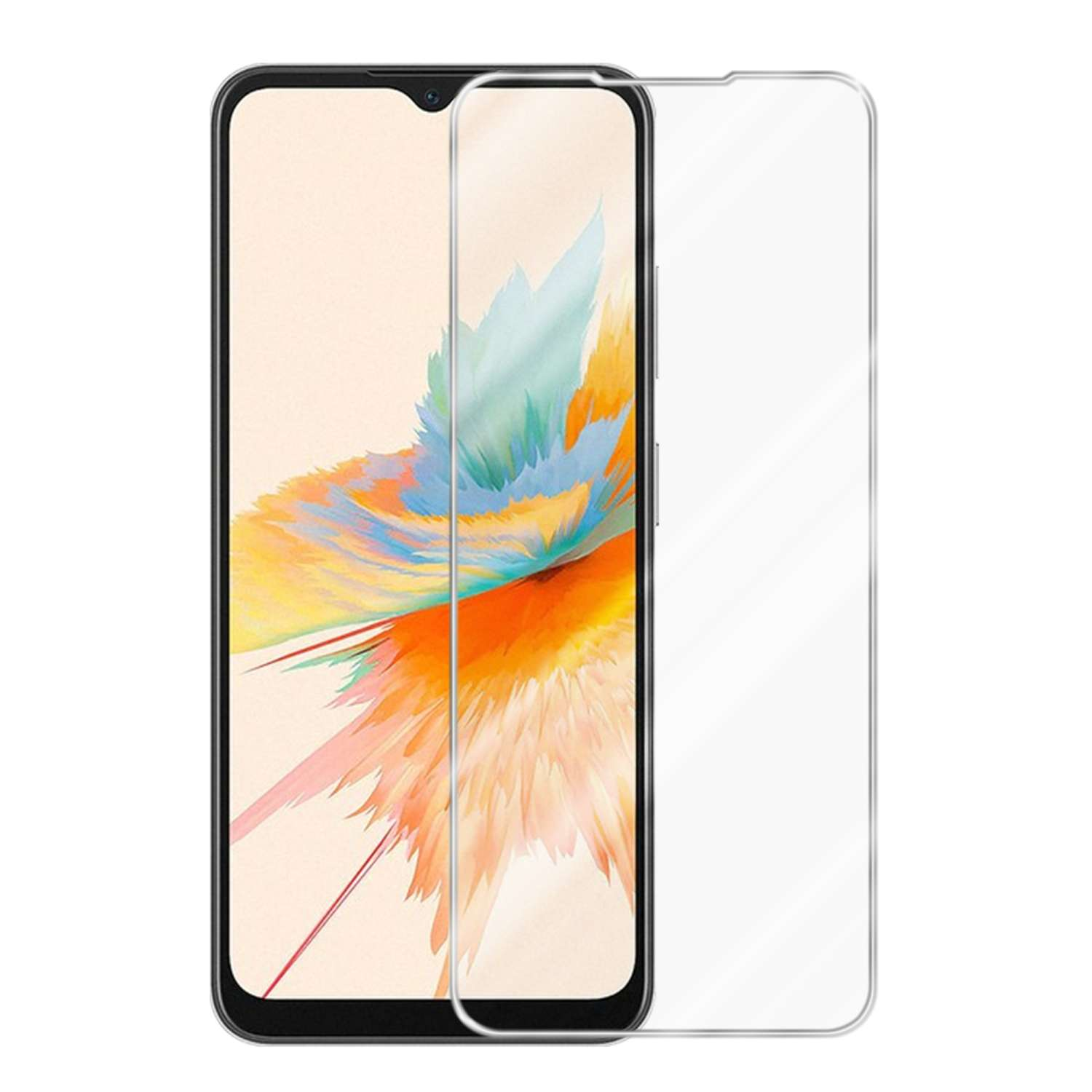 Protezione schermo per telefono accanto a un telefono che mostra un design astratto.