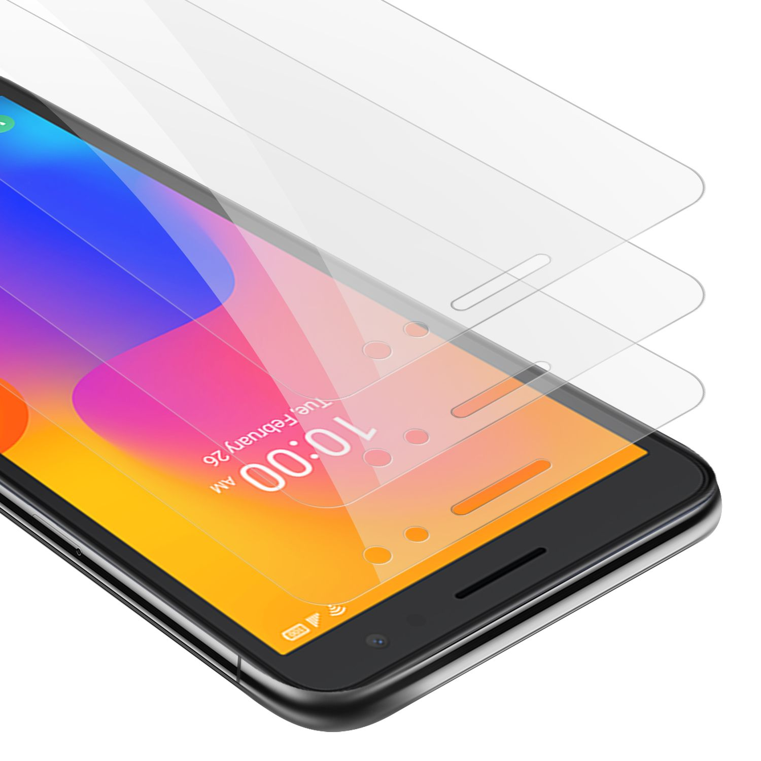 Telefono con protezioni schermo, mostra l'ora e uno sfondo colorato.