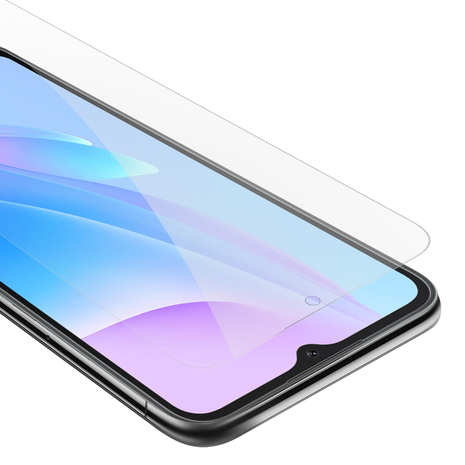 Primo piano di schermo telefono con protezione, mostra una sfumatura blu e bianca.