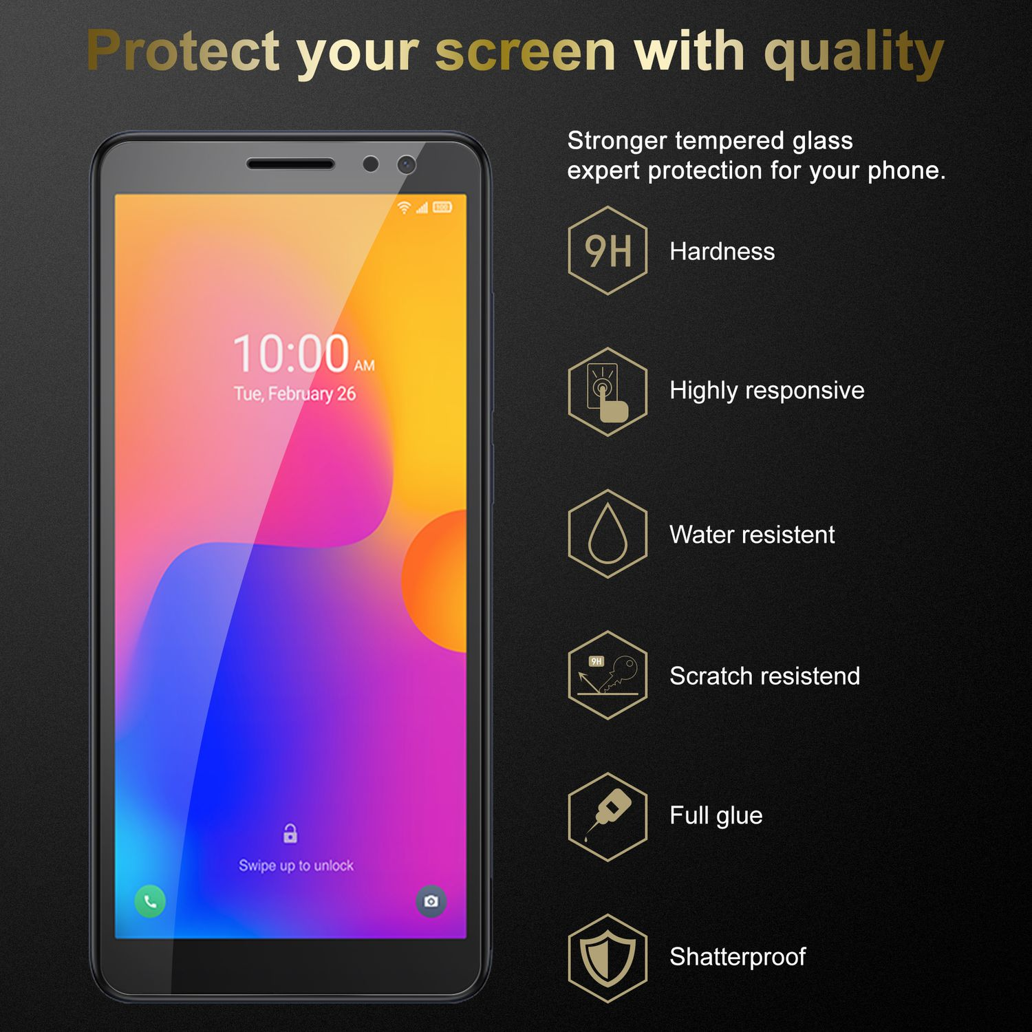 Uno schermo del telefono con un display colorato. Icone e testo circondano il dispositivo.