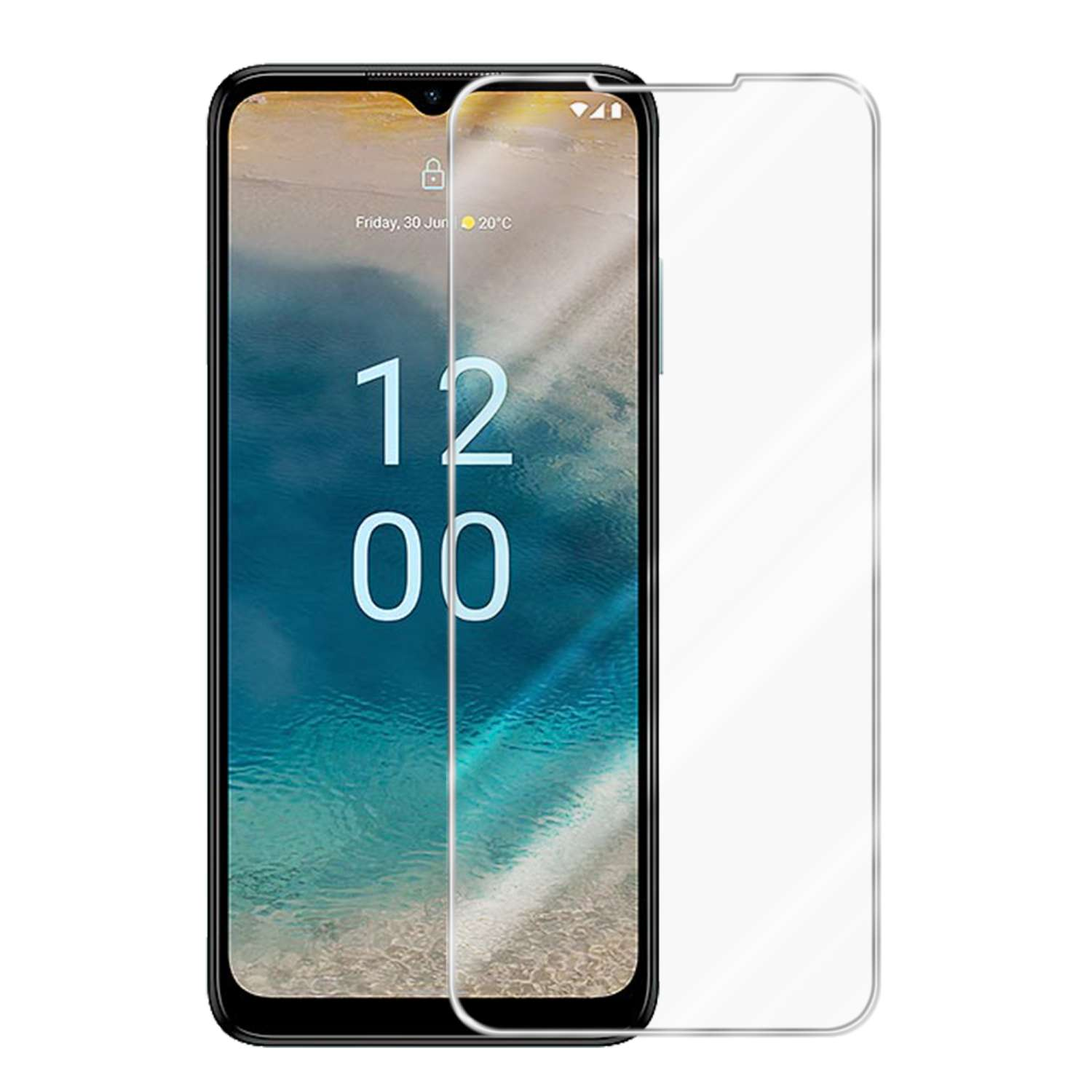 Vengono mostrati lo schermo di un telefono e una protezione schermo trasparente. Lo schermo mostra l'ora, 12:00.