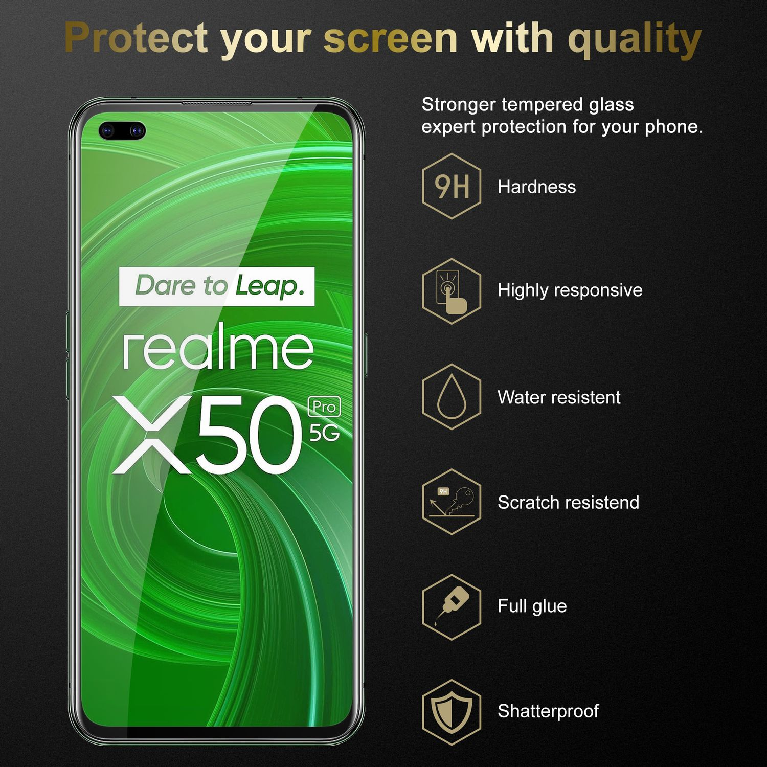 Schermo del telefono con sfondo verde, una protezione per telefono e testo: Proteggi il tuo schermo con qualità.