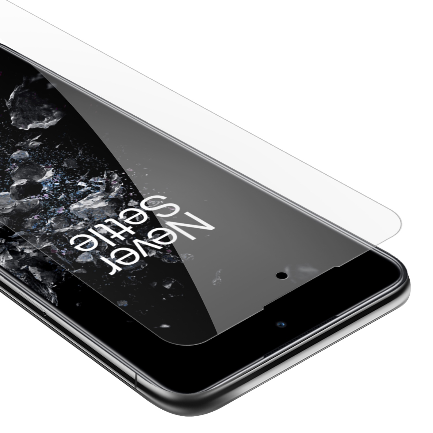 Pellicola protettiva per schermo applicata a un telefono. Il testo sullo schermo dice "Never Settle".