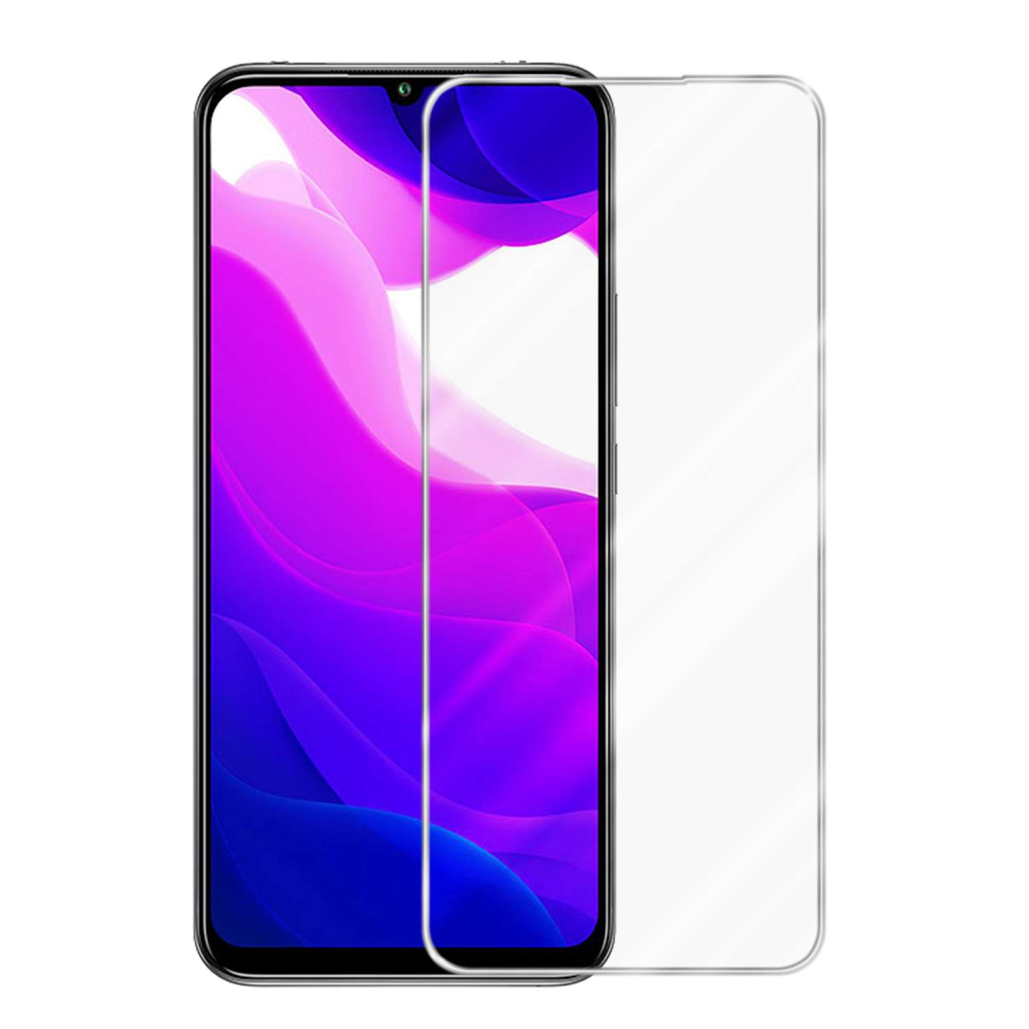 Smartphone con protezione schermo applicata, che mostra uno sfondo viola e rosa vibrante.