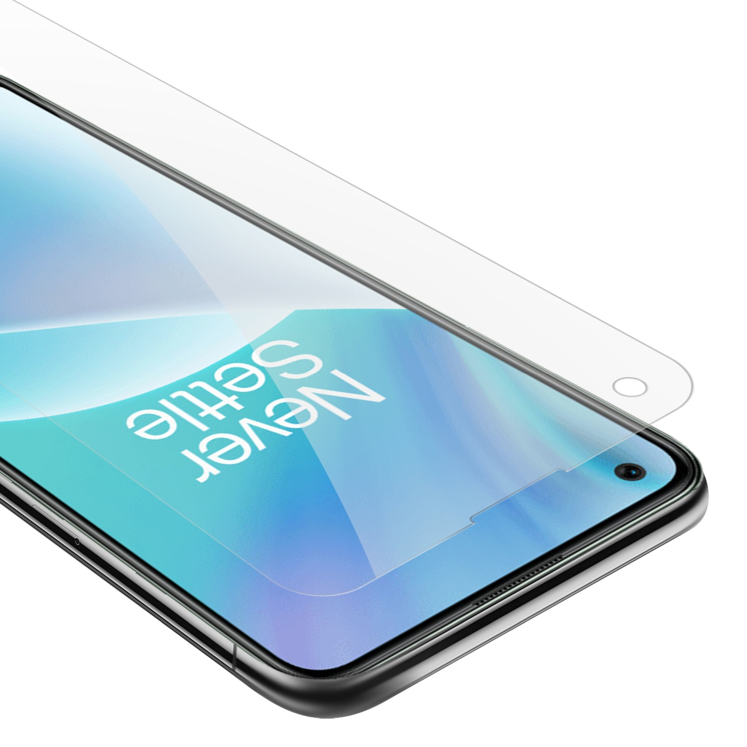 Smartphone con protezione schermo, che mostra il testo 'Never Settle'. Protezione trasparente.