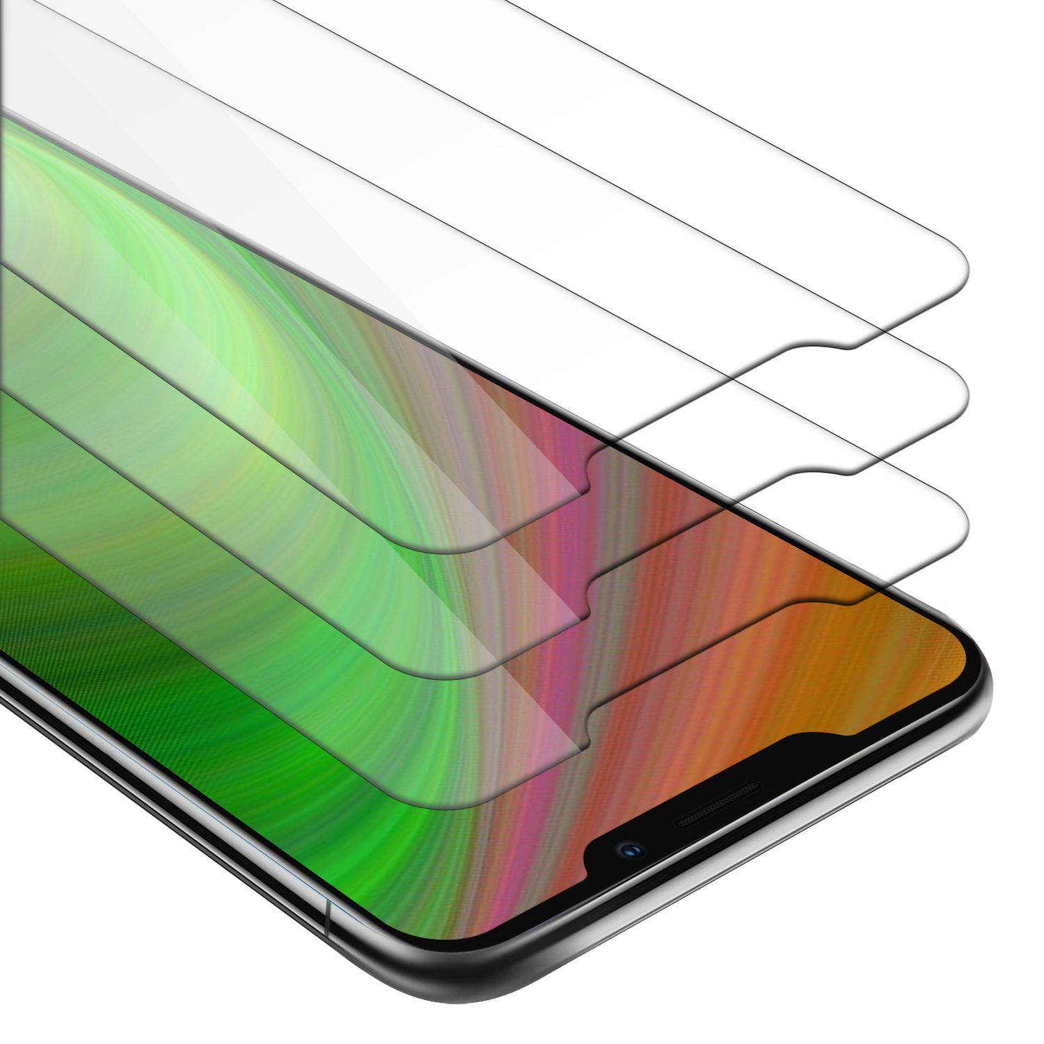 Un telefono con protezione schermo applicata, con testo sulle caratteristiche di protezione. Il telefono è su uno sfondo scuro.