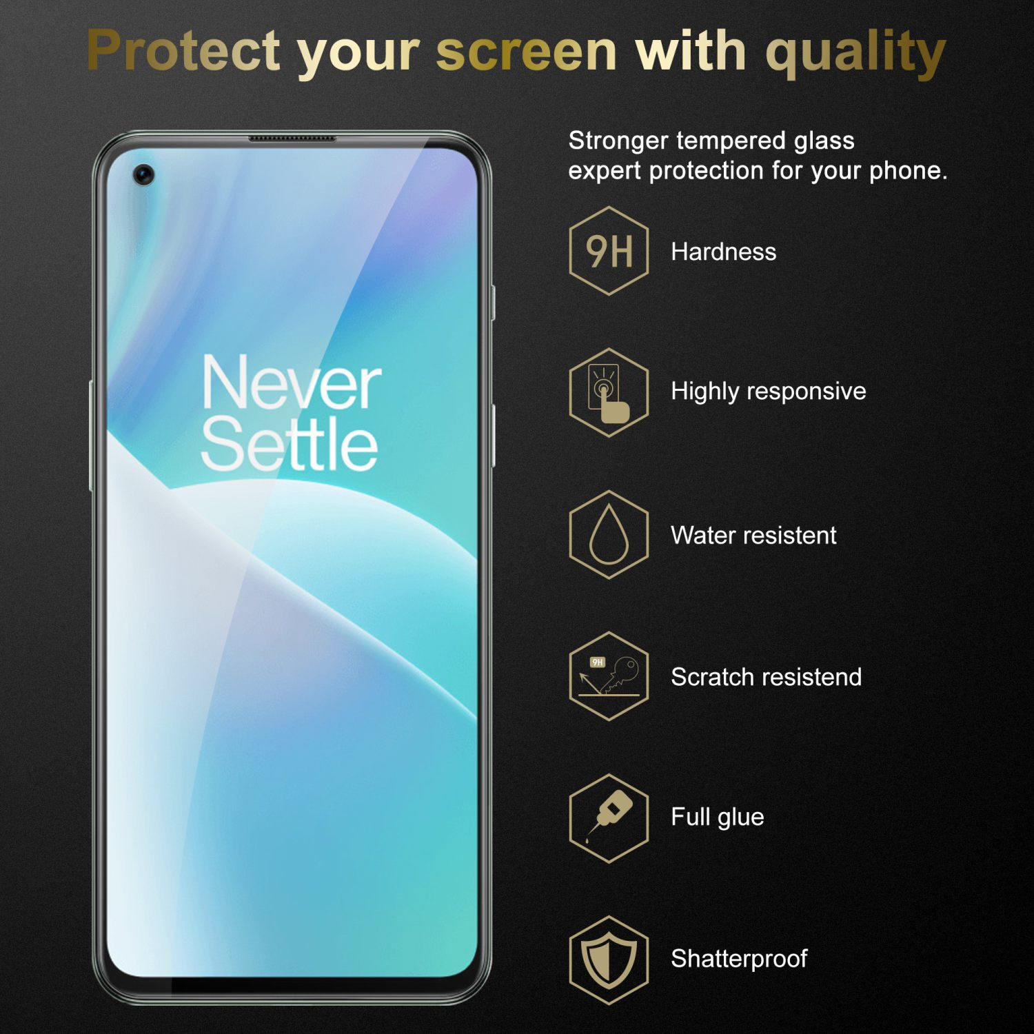 Schermo del telefono con protezione schermo. Il testo 'Never Settle' è visibile. Le funzionalità sono elencate.