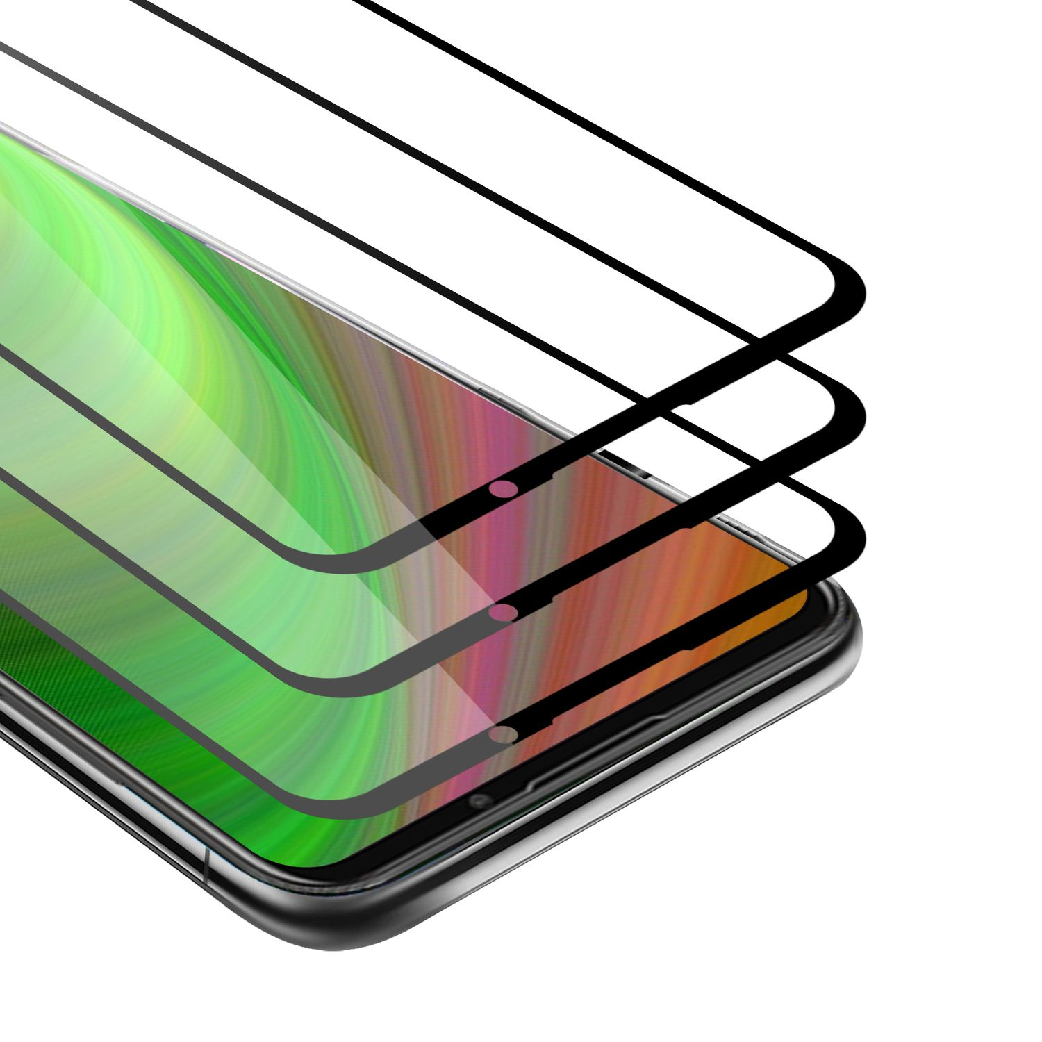 Tre protezioni per lo schermo impilate su uno smartphone, ciascuna con una cornice nera.
