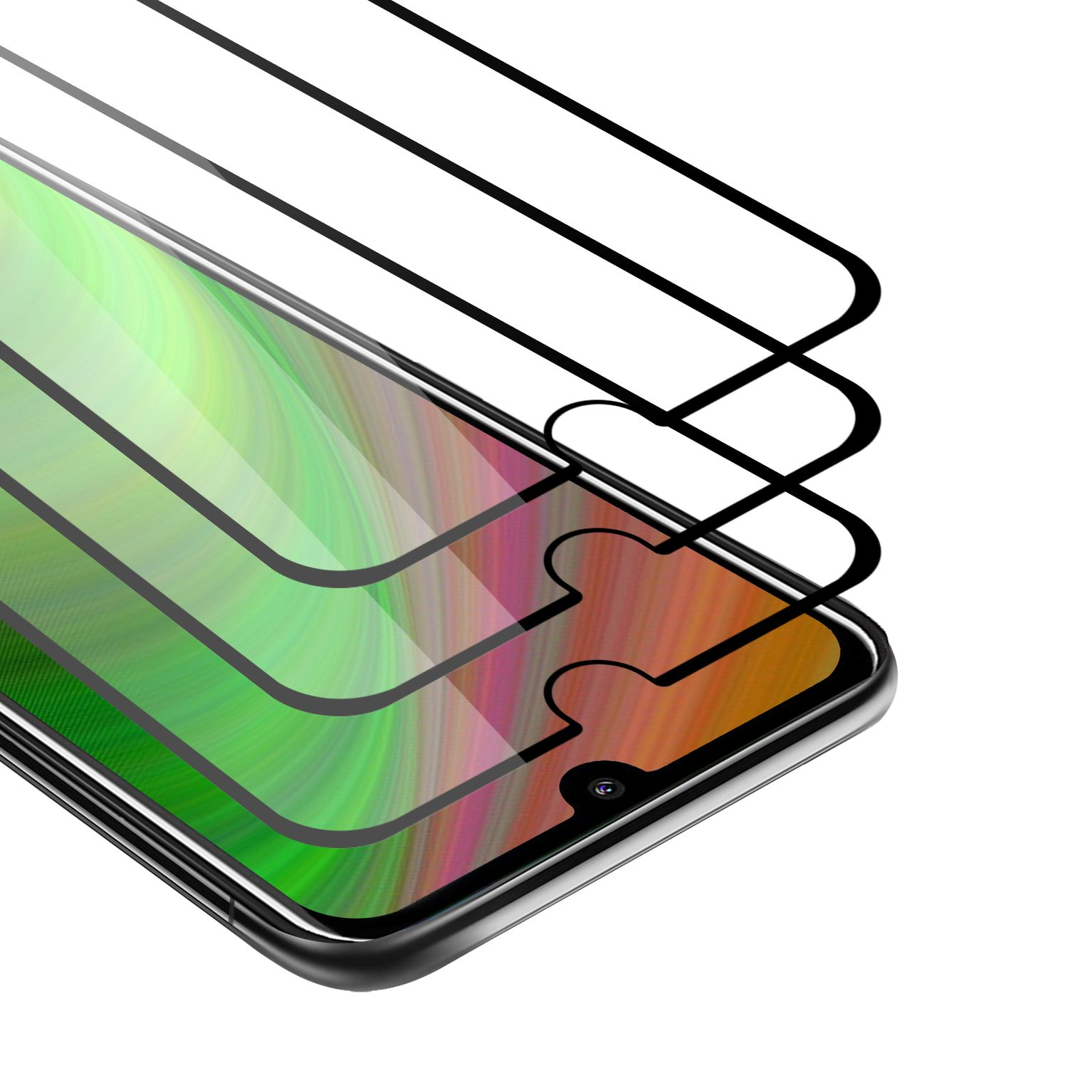 Un telefono con tre protezioni schermo. Le protezioni hanno superfici colorate e decorate.