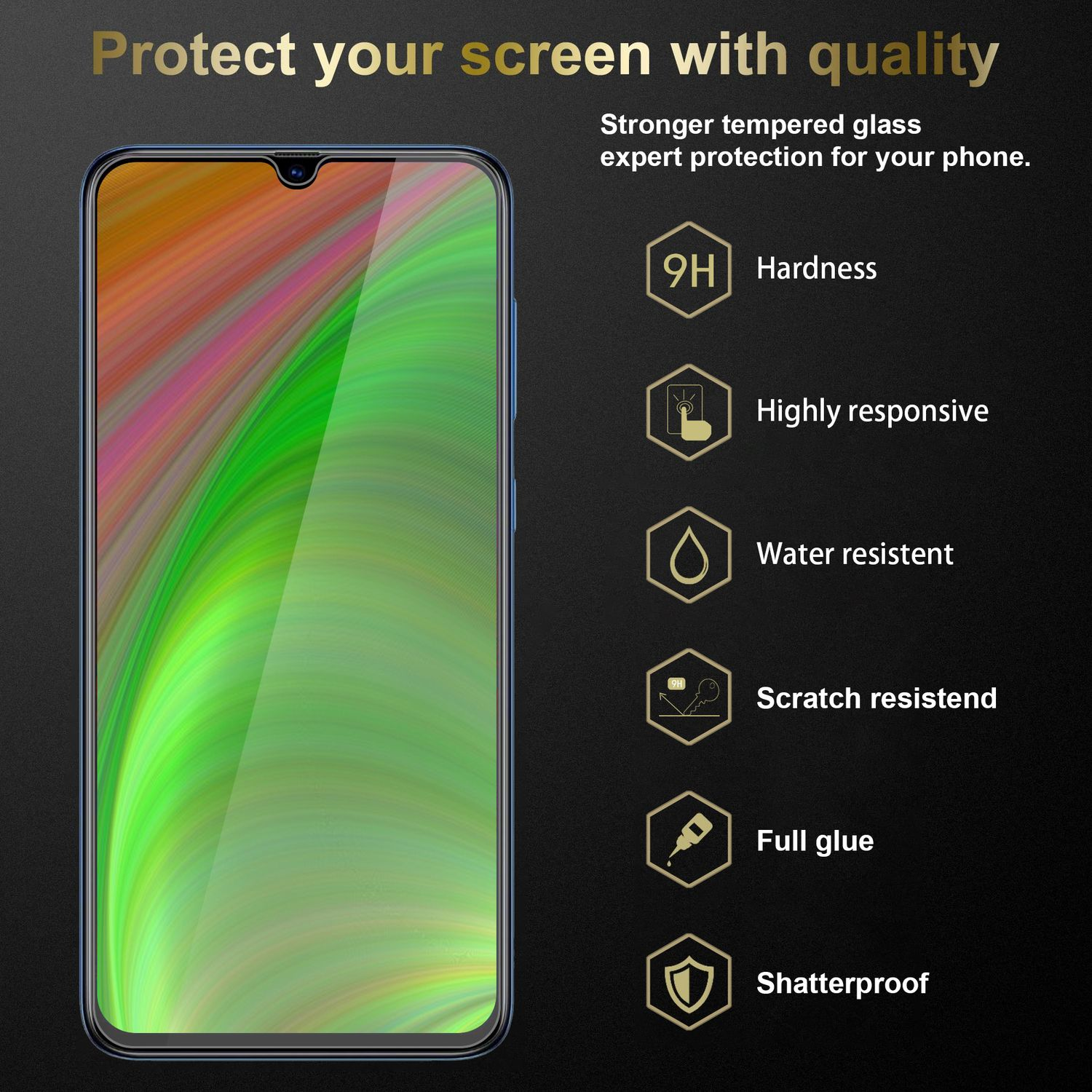 Proteggi schermo. Caratteristiche: 9H Durezza, Altamente reattivo, Resistente all'acqua, ecc.