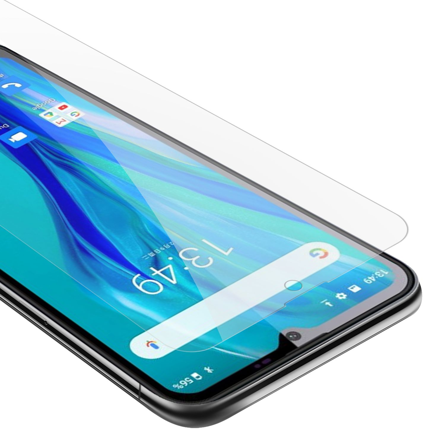 Uno schermo del telefono con una protezione. L'ora è 13:49. Lo schermo mostra le icone delle app.