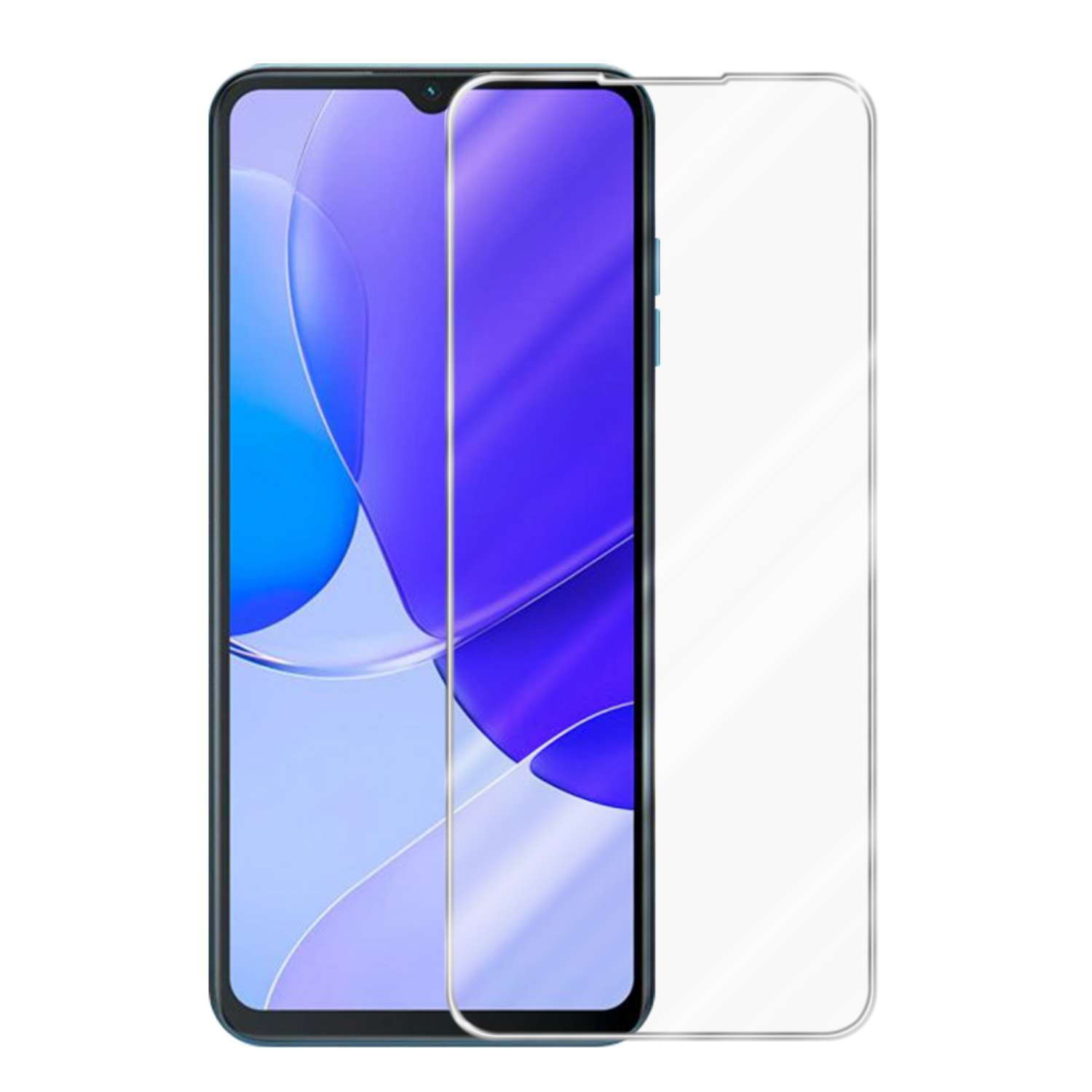 Telefono con protezione schermo, design blu e viola sullo schermo. Protezione trasparente.