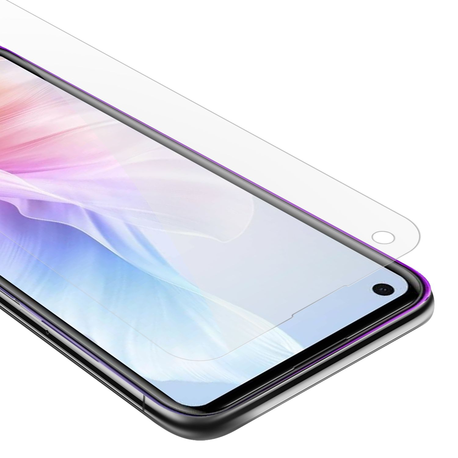 Primo piano di una protezione schermo con telefono. Gradiente rosa, blu e bianco.