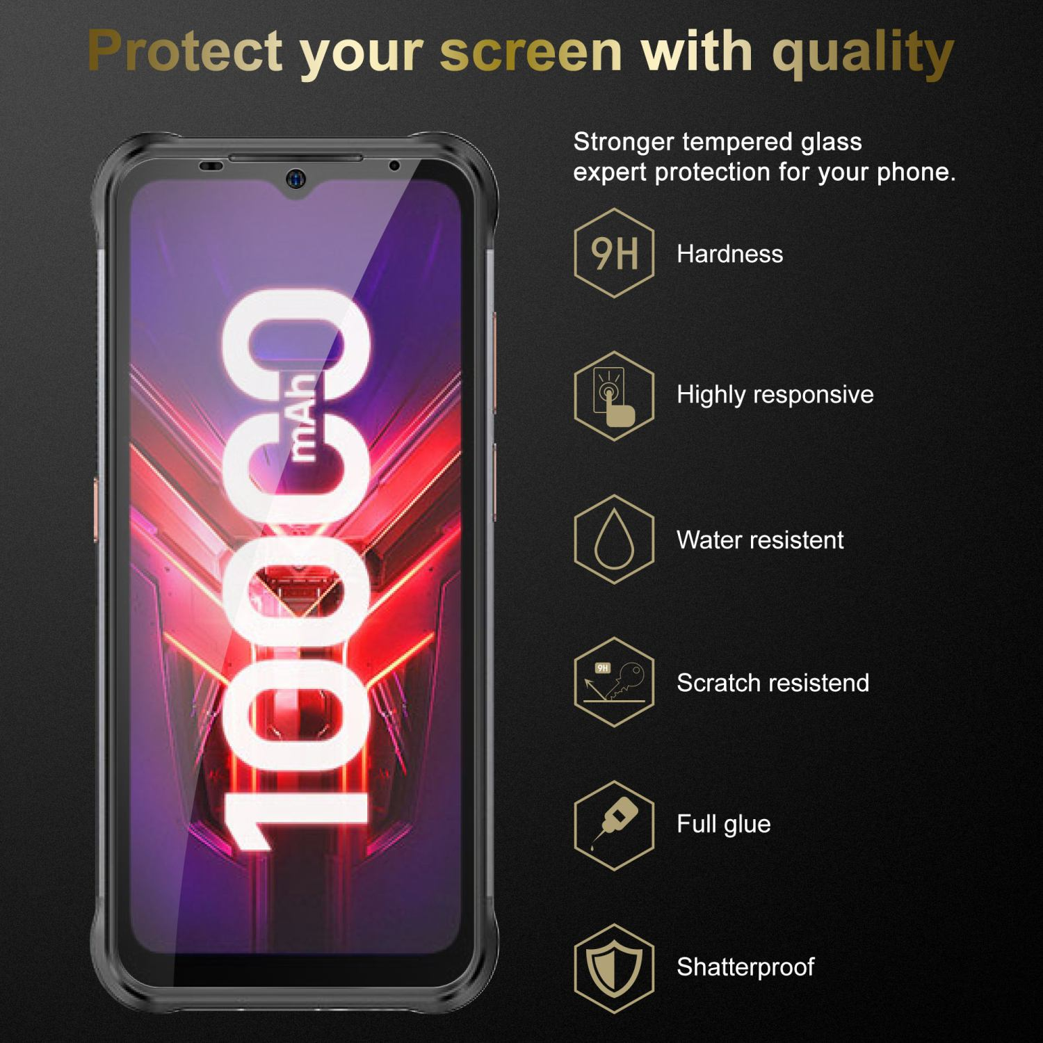 Schermo del telefono nero con protezione. Caratteristiche: 10000mAh, durezza 9H, resistenza ad acqua e graffi.
