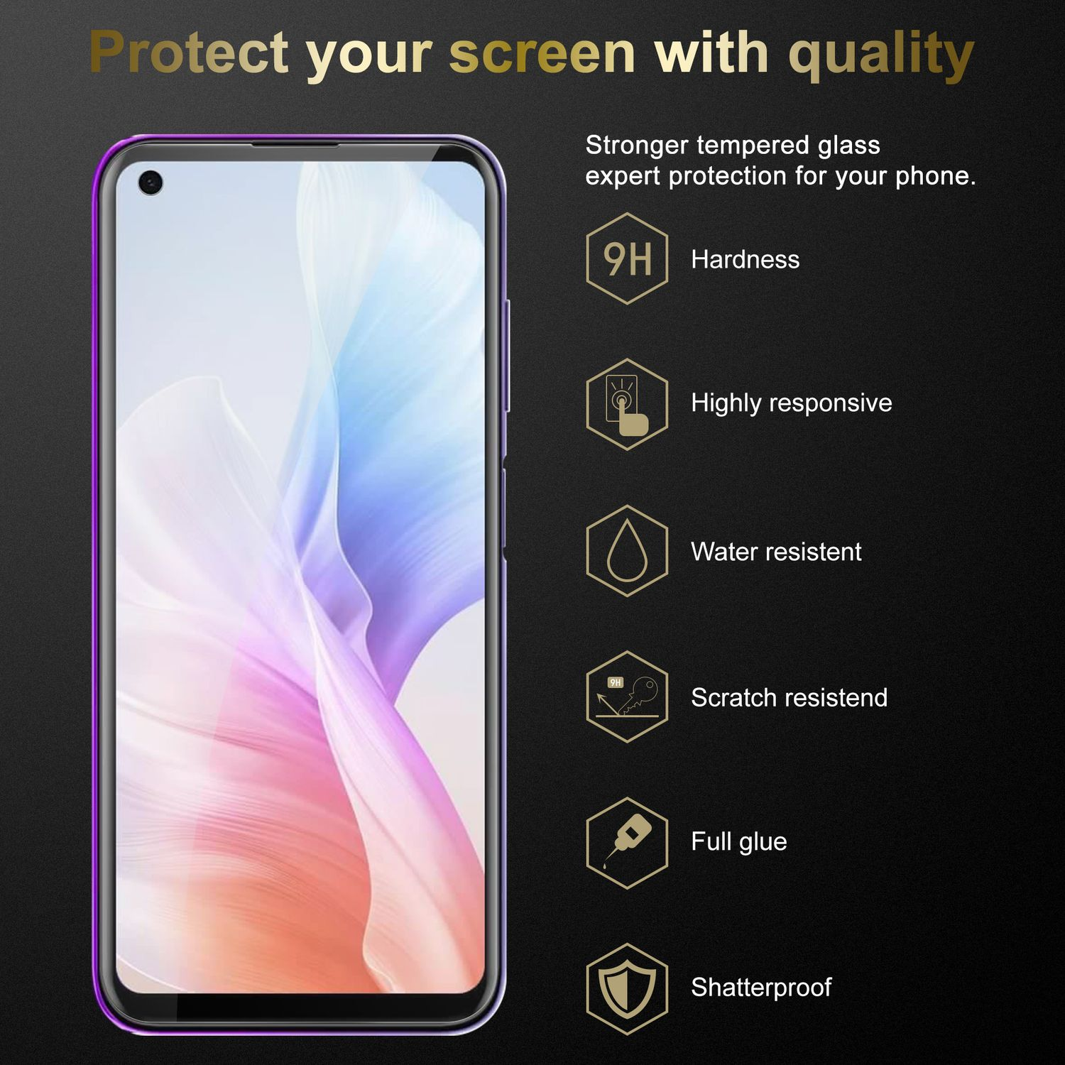 Protezione schermo per telefono con testo, tra cui durezza e icone resistenti all'acqua.