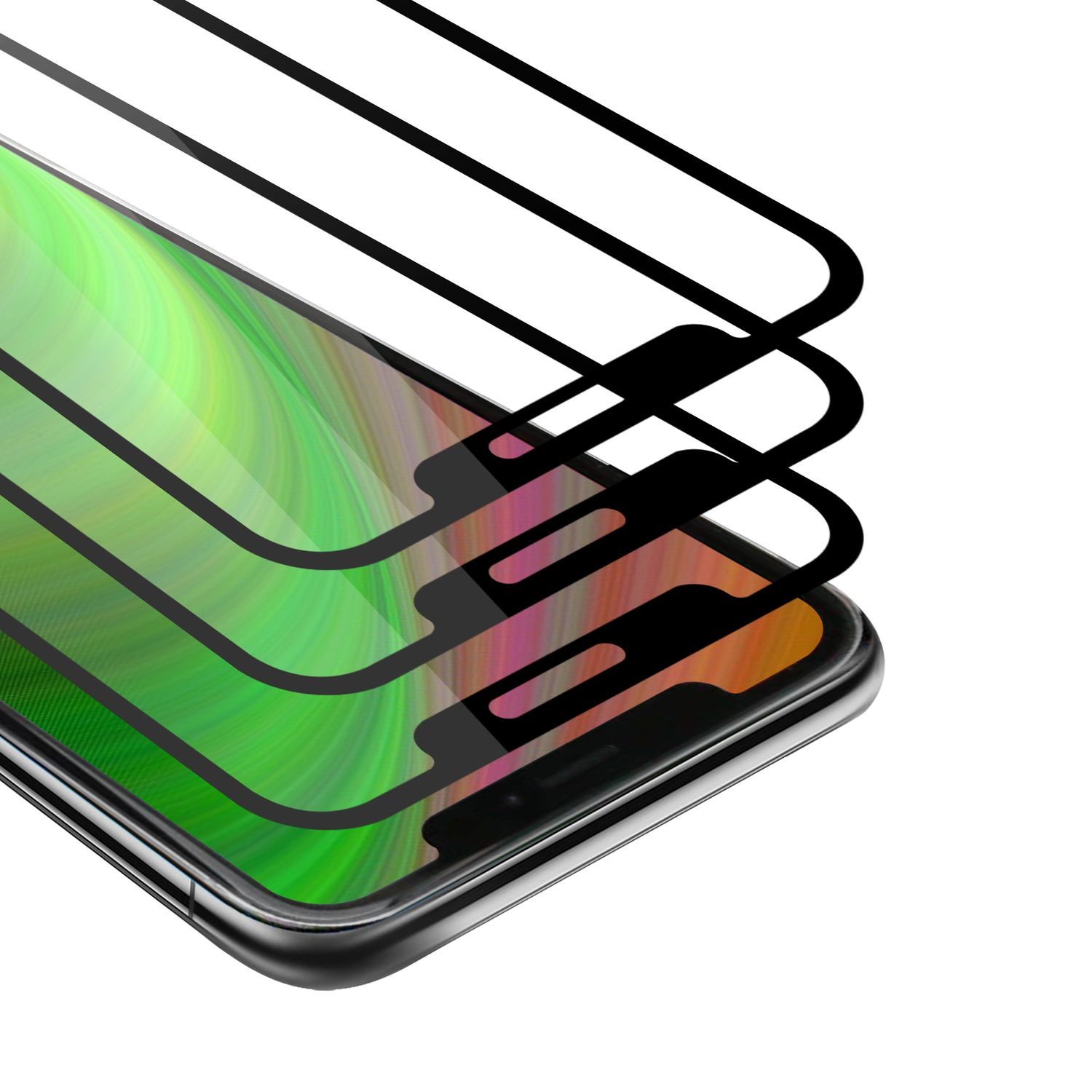 Diversi proteggi schermo per telefono, sovrapposti, con bordi neri. Lo schermo è verde.