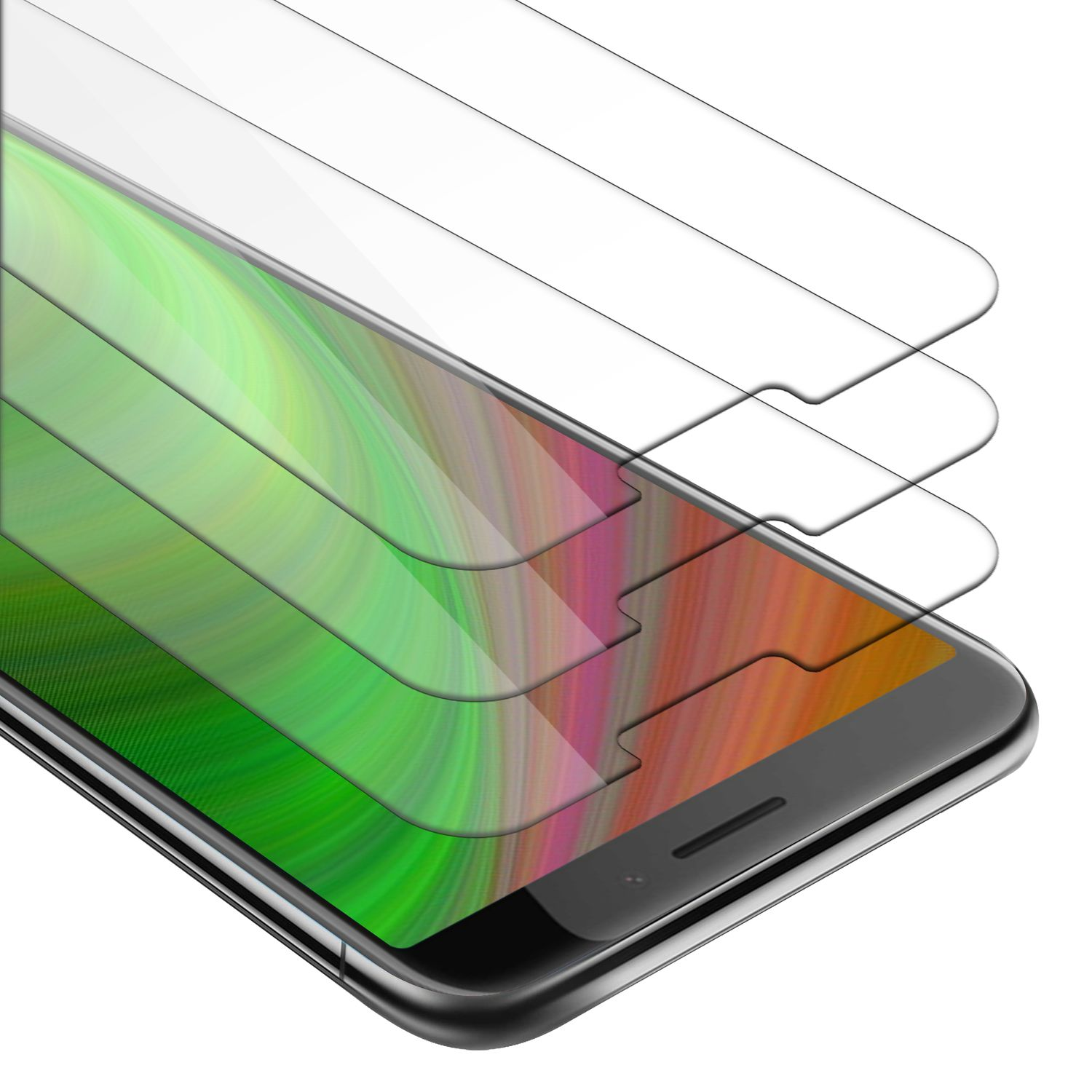 Un set di protezioni per lo schermo del telefono è stratificato su un telefono. La protezione è trasparente e copre quasi lo schermo.