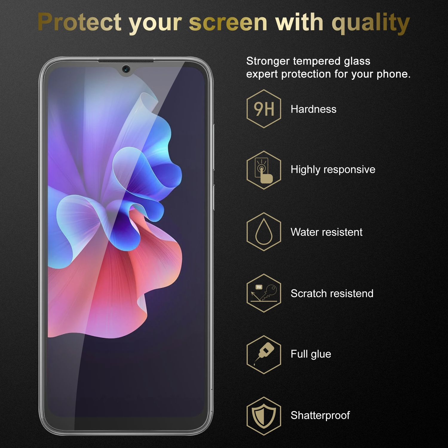 Protezione schermo con immagine del telefono e icone di durezza, reattività, resistenza all'acqua, ecc.