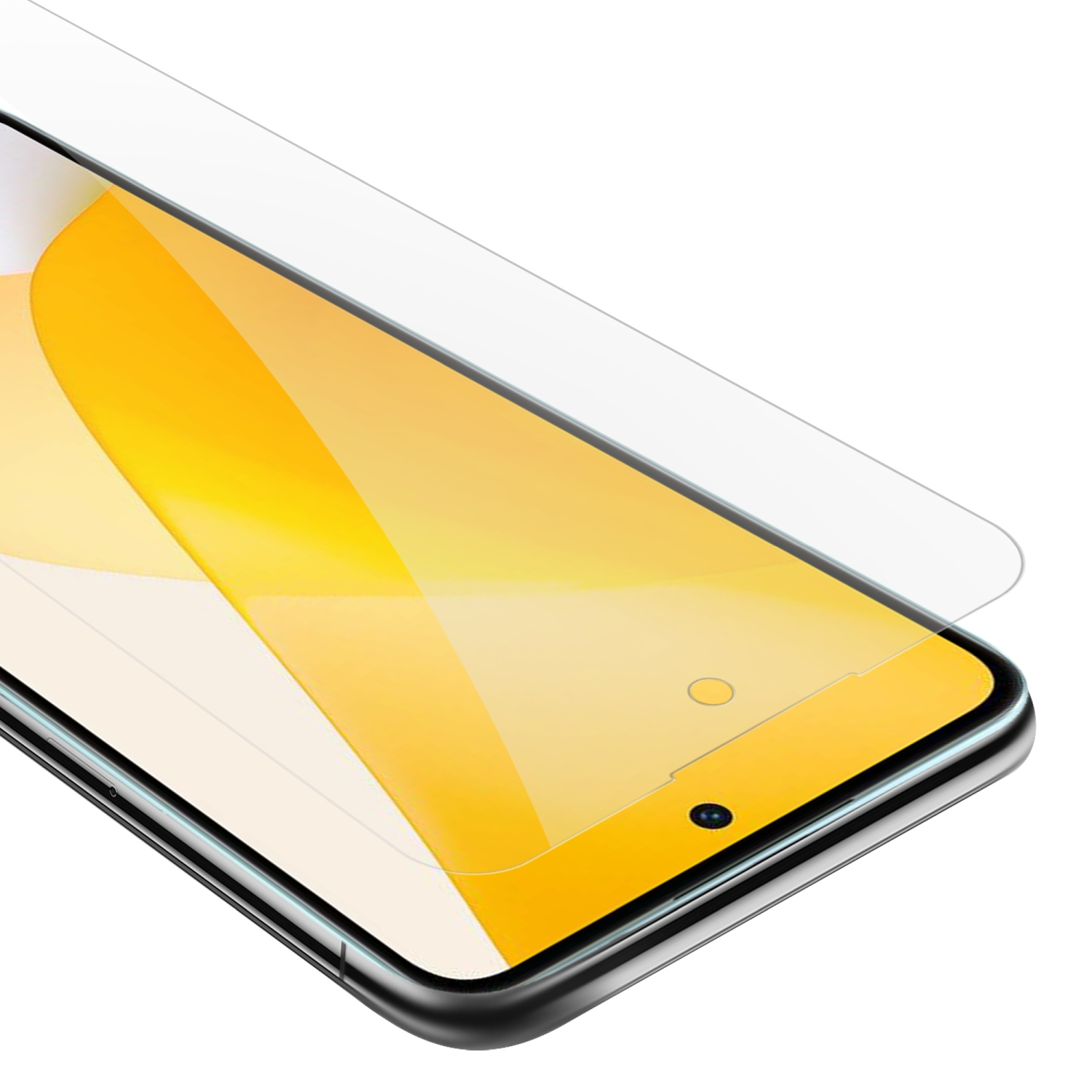 Schermo del telefono con protezione applicata, che mostra lo schermo trasparente e i dettagli del telefono.