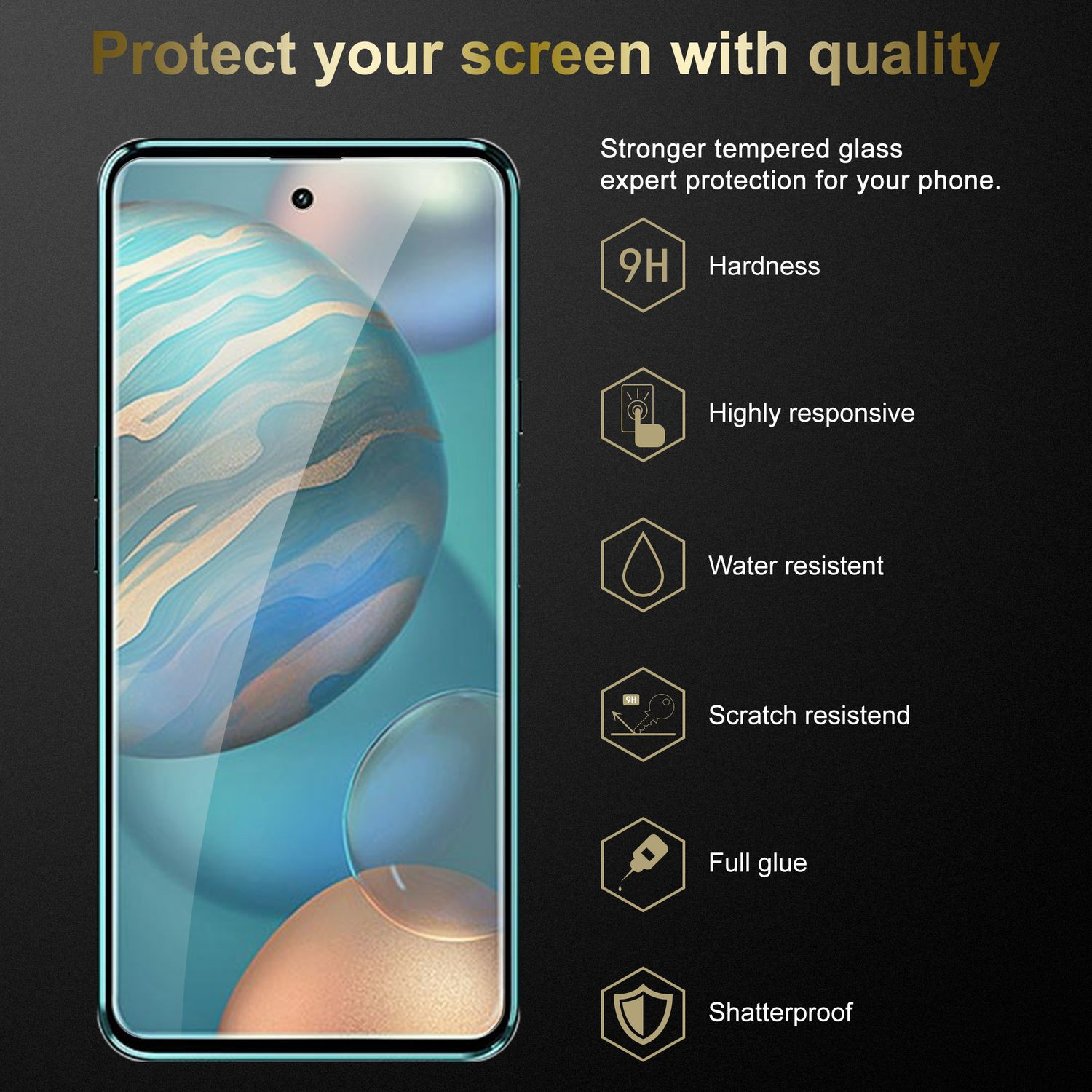 Un telefono con una protezione per lo schermo, con icone che illustrano caratteristiche come durezza, resistenza all'acqua, ecc.
