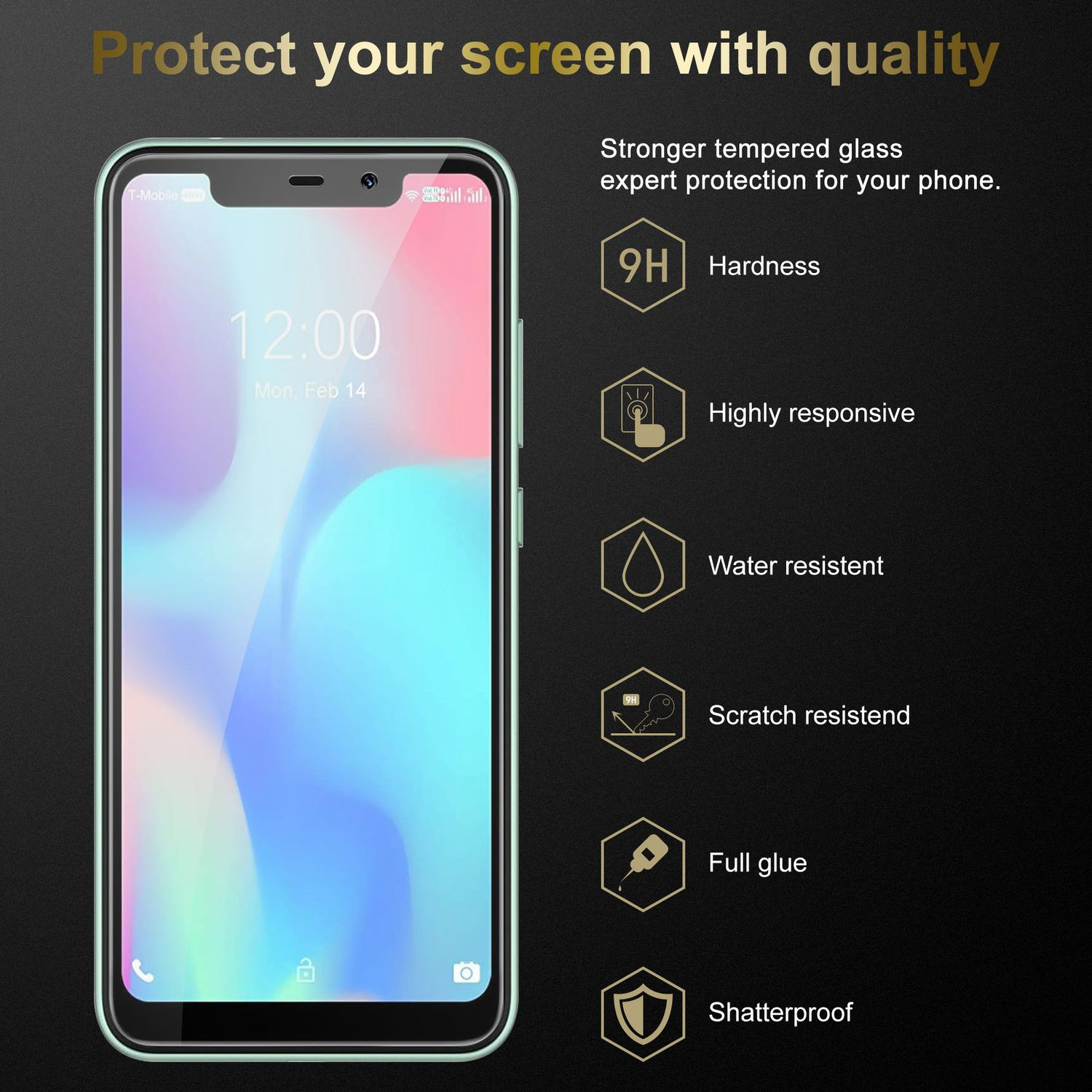 Proteggi schermo su un telefono con testo sulla qualità e le funzionalità.
