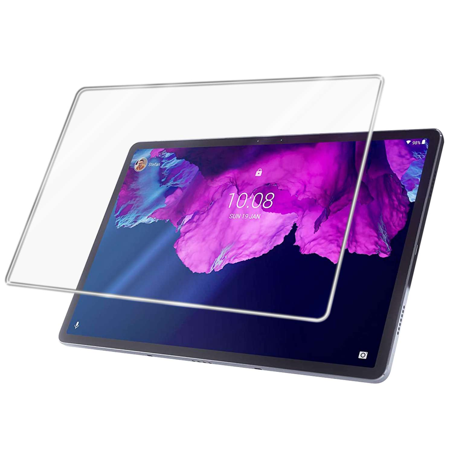 Tablet con protezione schermo in fase di applicazione. Il tablet mostra un'immagine viola e rosa vibrante.