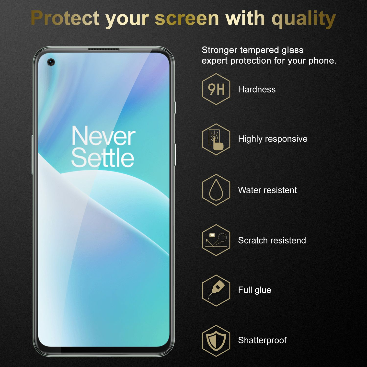 Uno schermo del telefono con una protezione per lo schermo. Testo: Proteggi lo schermo e le icone.