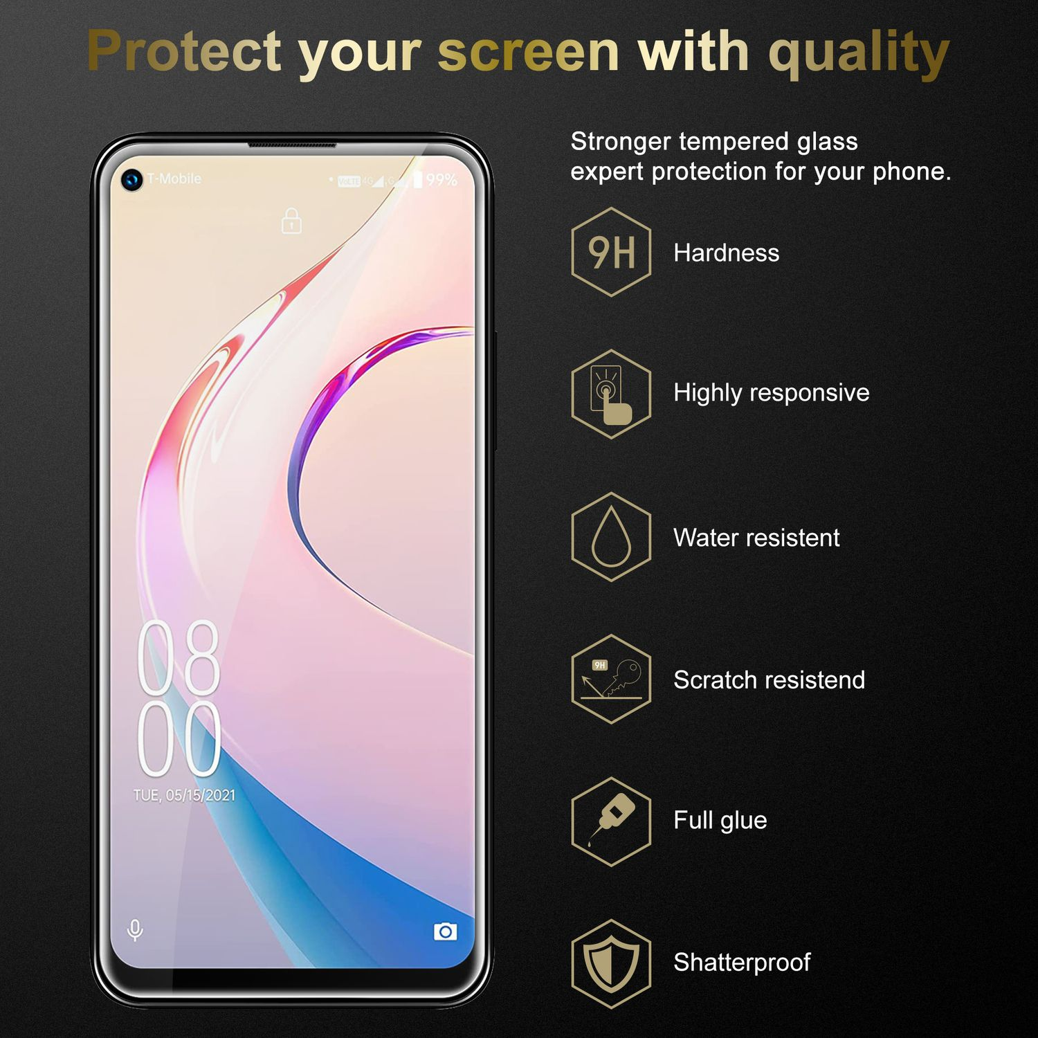 Uno smartphone con un proteggi schermo applicato, accanto a un elenco di funzionalità. Il telefono mostra un orologio e una data.