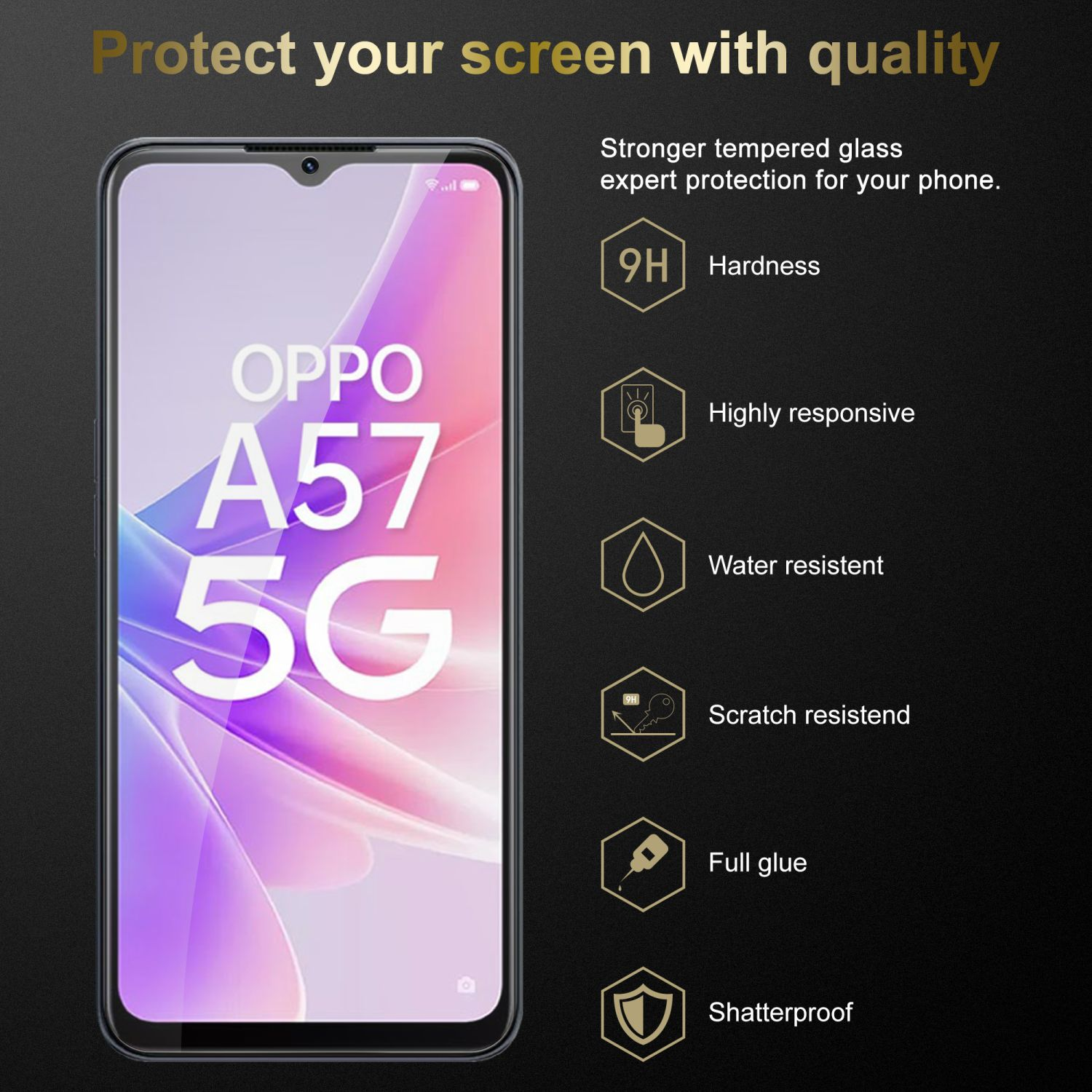 Téléphone OPPO A57 5G avec protecteur d'écran. Montre les fonctionnalités du téléphone : dureté, résistance à l'eau, etc.