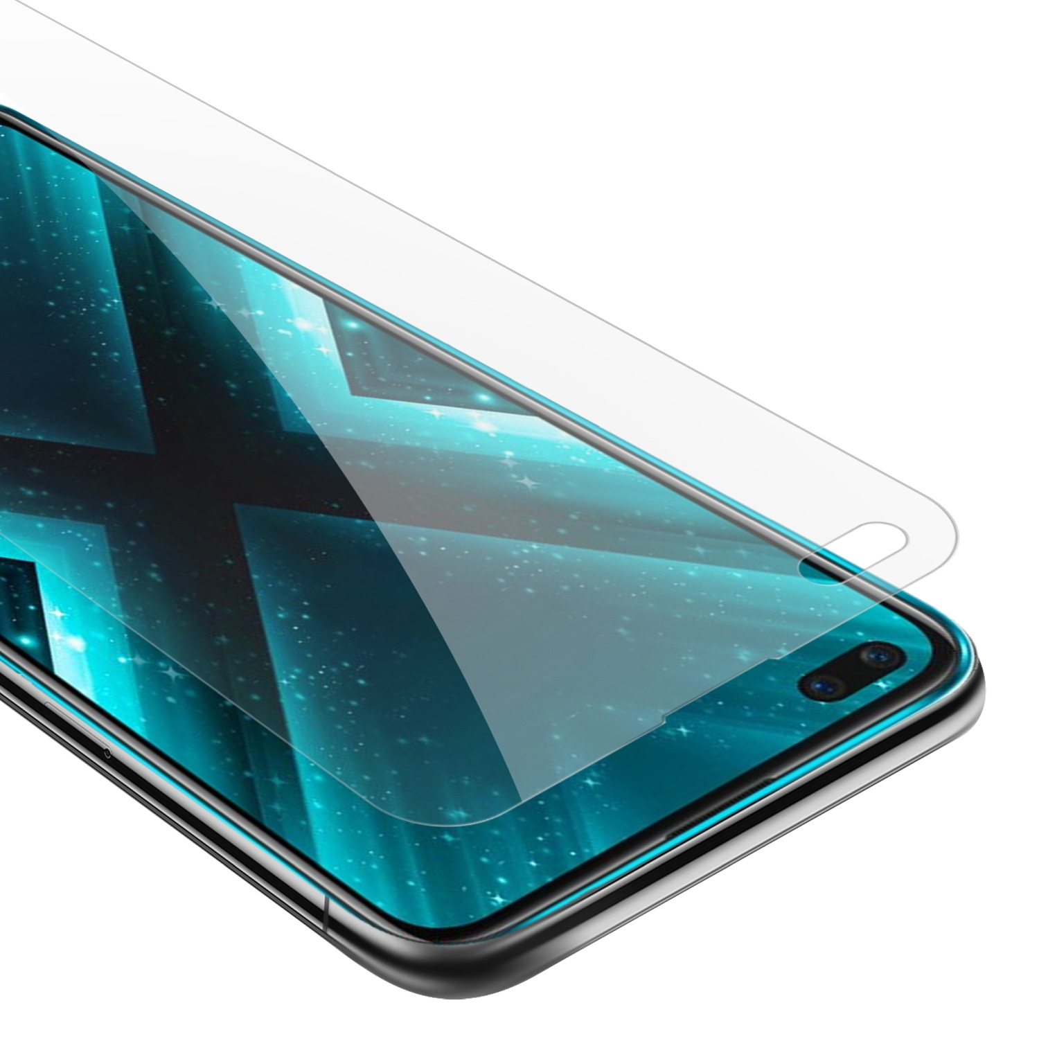 Un telefono con un proteggi schermo applicato. Lo schermo del telefono ha uno sfondo astratto e stellato.