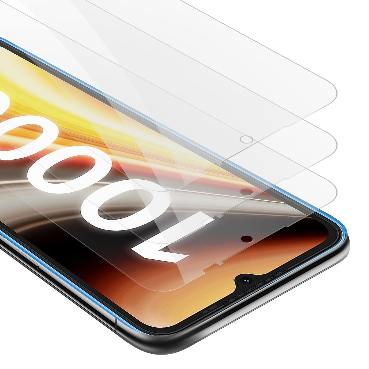 Telefono con tre protezioni schermo. Le protezioni sono trasparenti e lo schermo del telefono è visibile.