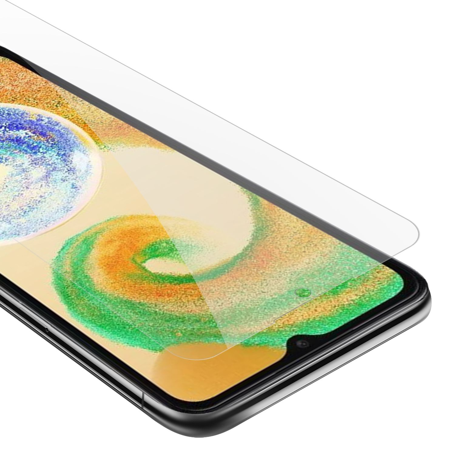 Protezione schermo per smartphone applicata a un telefono. Il telefono ha una fotocamera e uno schermo curvo.