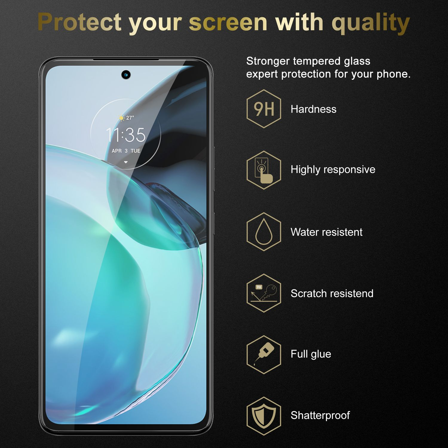 Schermo dello smartphone con caratteristiche protettive: durezza 9H, resistenza all'acqua e ai graffi e colla completa.