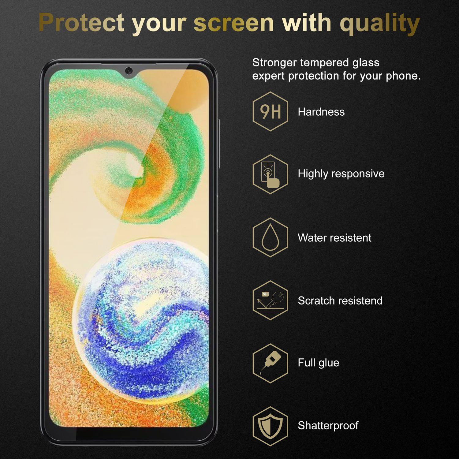 Pellicola protettiva per schermo dello smartphone con caratteristiche: durezza 9H, reattivo, resistente all'acqua e ai graffi, colla piena, infrangibile.