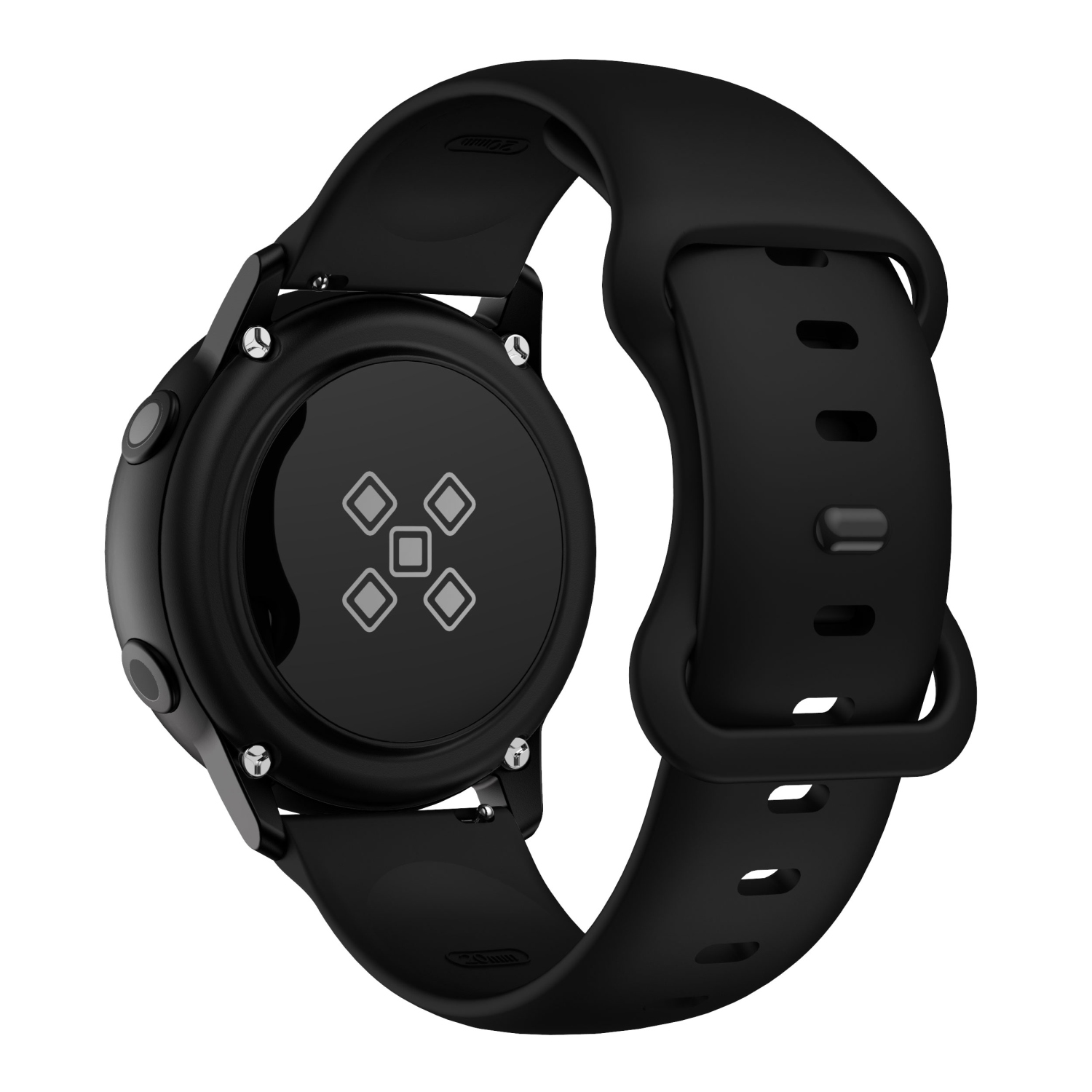 Eine schwarze Smartwatch mit schwarzem Armband, von hinten gesehen.
