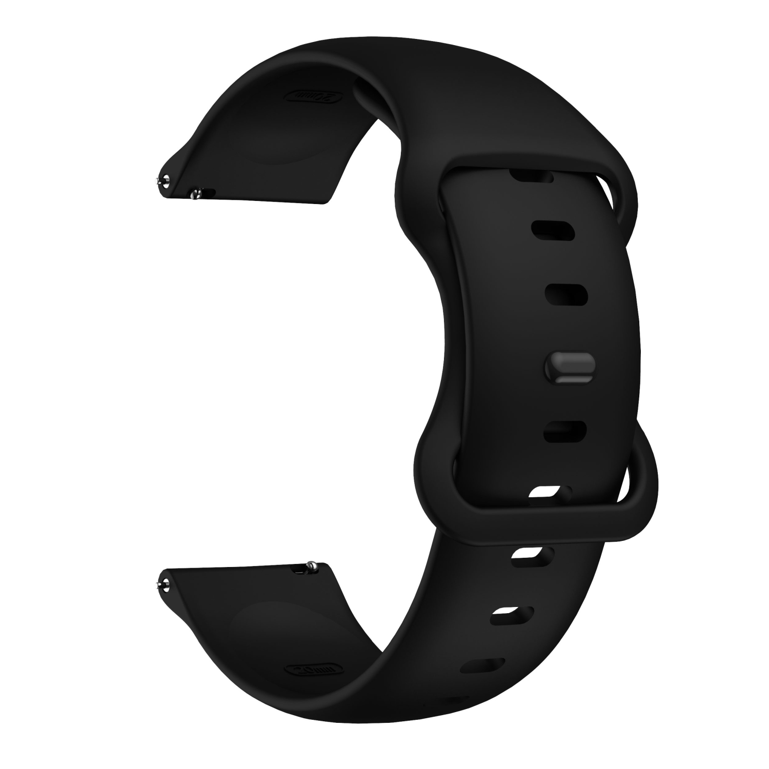 Ein schwarzes Uhrenarmband, gebogen mit Löchern und einer Schnalle.