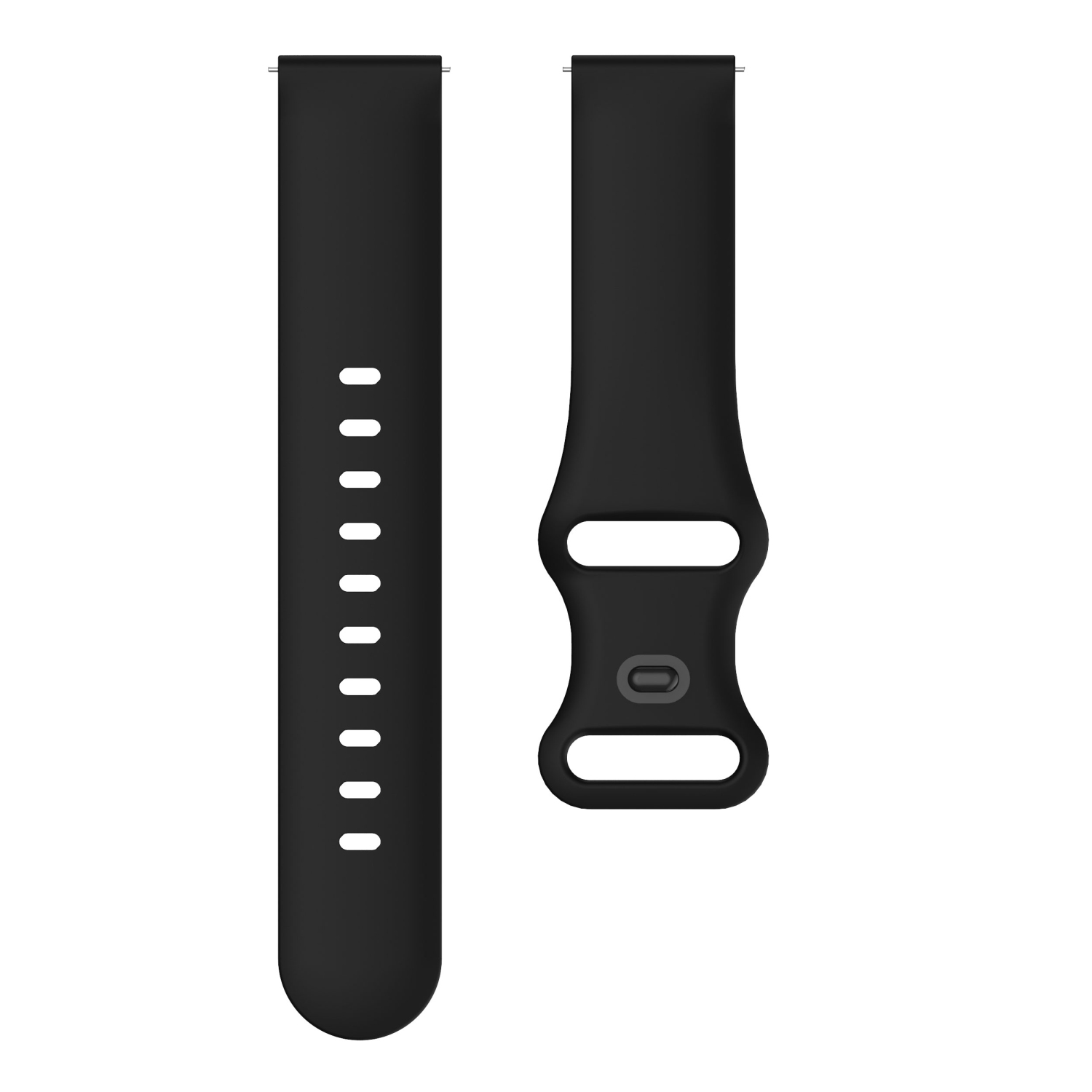 Zwei schwarze Uhrenarmbänder. Eines mit Löchern, das andere mit schnallenähnlichem Design.