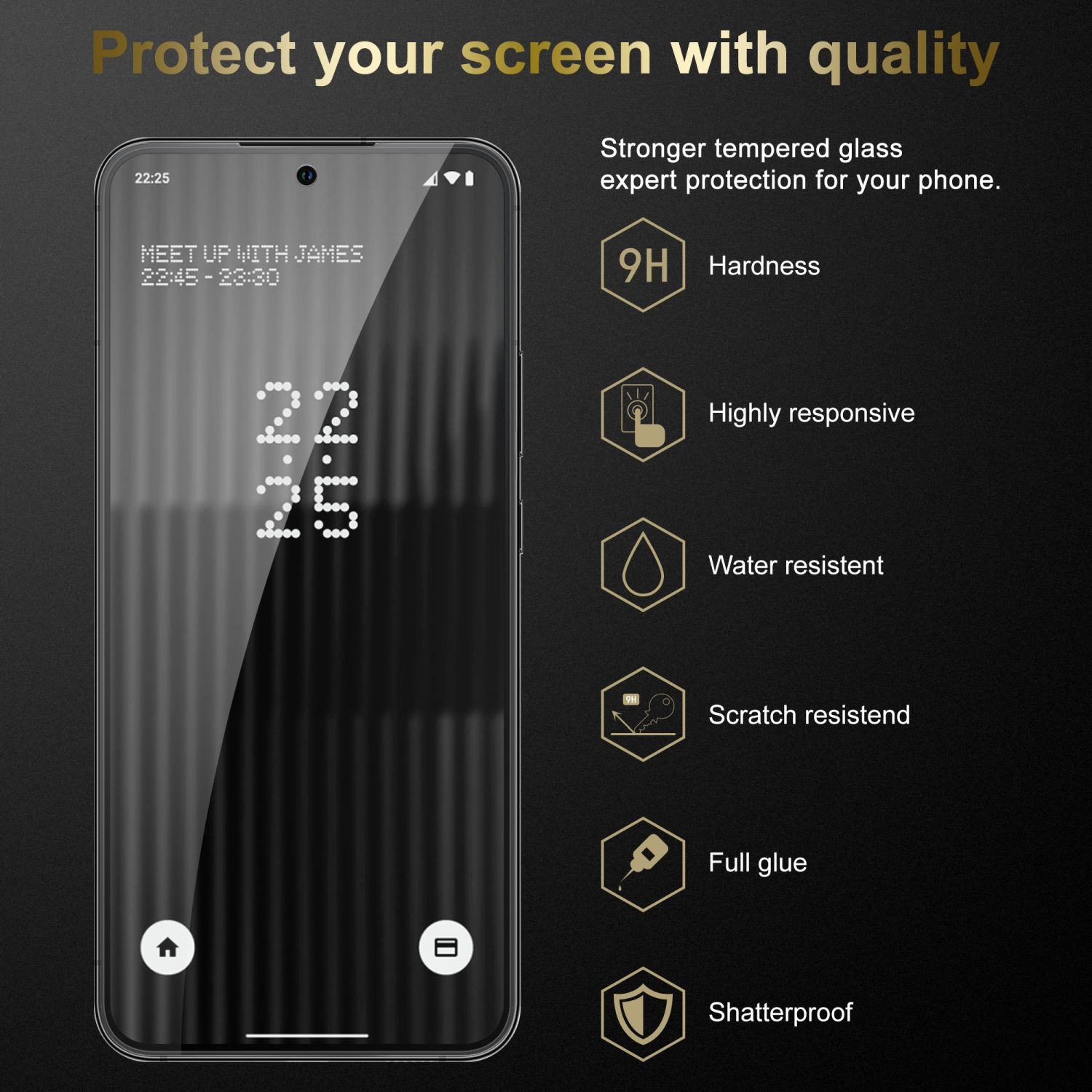 Schermo del telefono nero con icone delle app. Il testo evidenzia le funzioni di protezione.