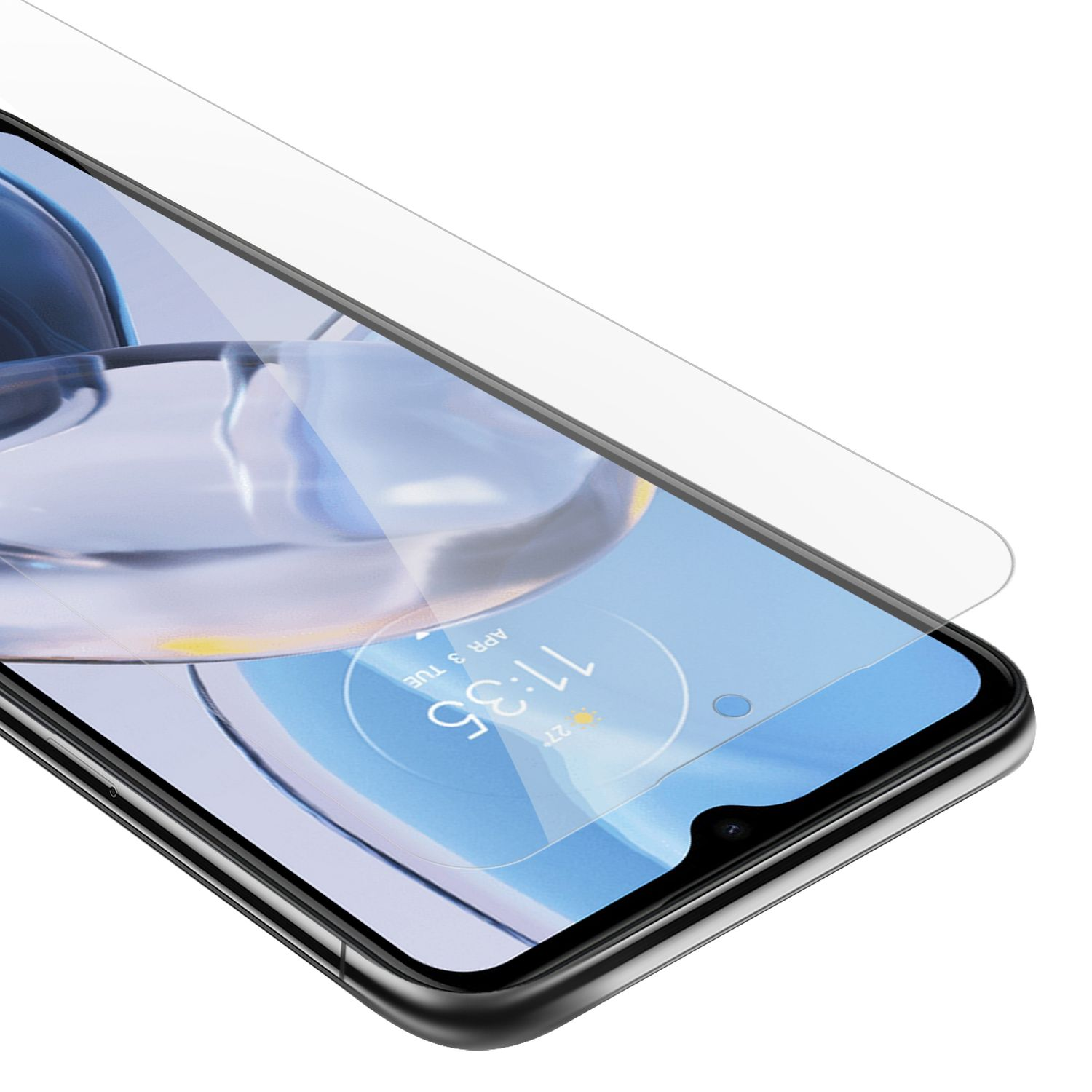 Primo piano di un telefono con una protezione per lo schermo applicata. Lo schermo mostra l'ora 11:35.